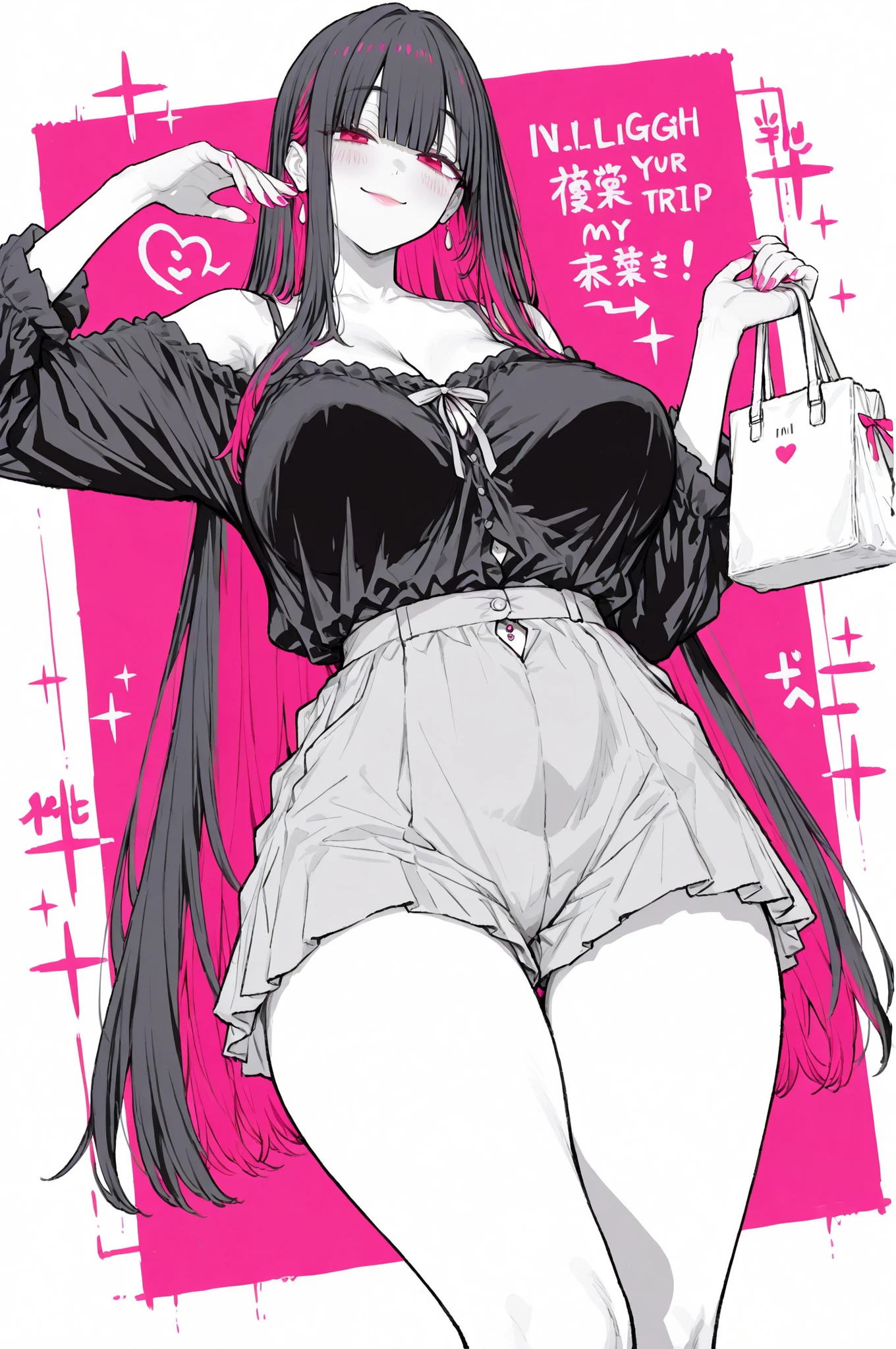 1girl, centralに一人だけ、mature, Off Shoulder Blouse、Girl's smile、Raise your jaw、super big boobs、sluggish breasts、Saggy breasts、Red Eyes, dark haired, very long hair, raise your right hand,two-tone hair, big boobs, Calm Expression、I will highlight my breasts ,A woman holding a bag、Plan your trip、 (Chic clothes), dynamic pose, belly button、thighs、Very cute and cute Japanese woman as a、 Perspective, extreme temptation , (bright color, graphite \(central\), ni JM -, line art:1.3),