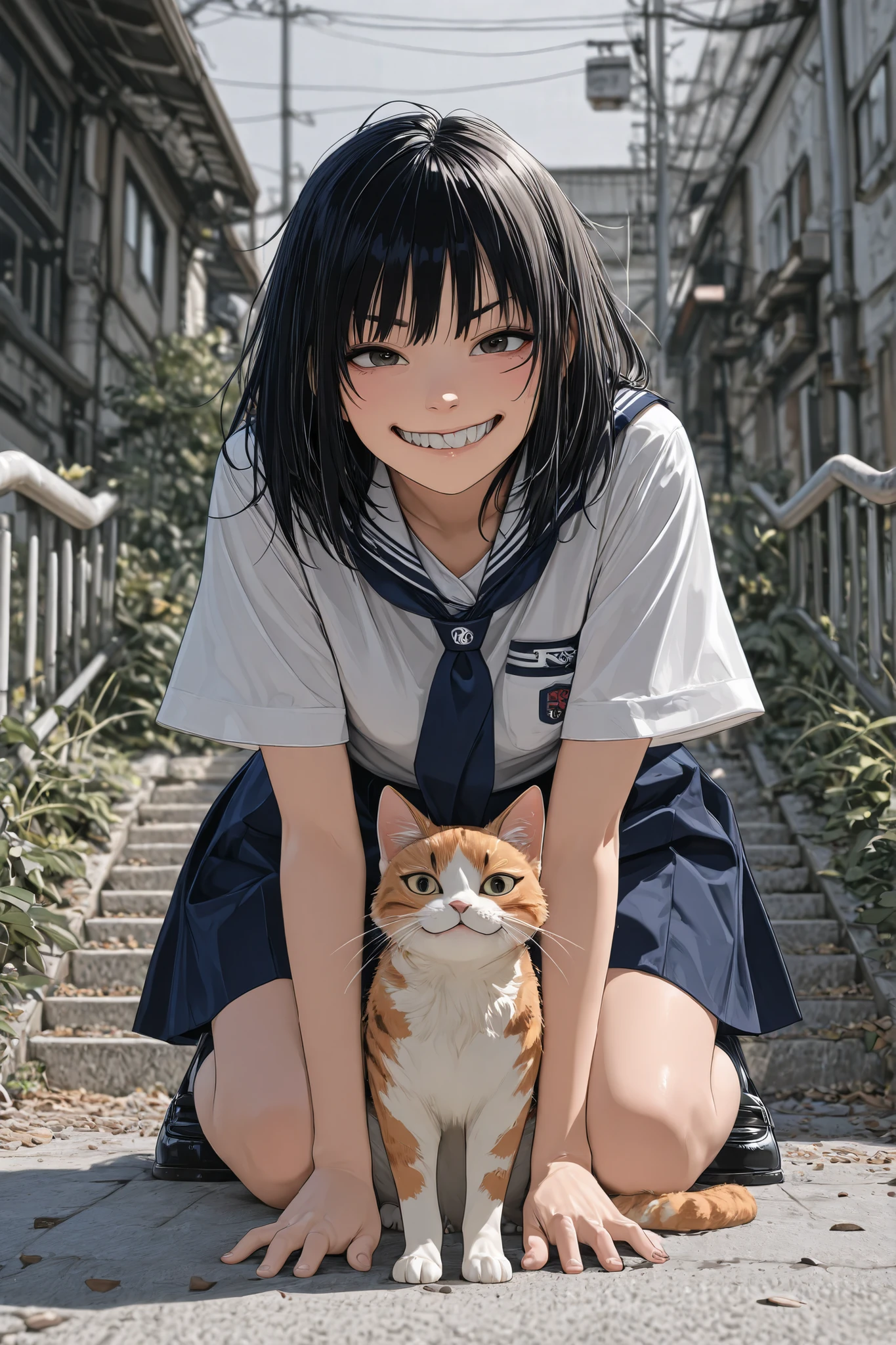VH3S, NijiDetl, (masterpiece:1.2) ,(ultra quality:1.3) ,(highly detailed), detail face, detail skin, 1girl,, wearing school uniform placing a cat on lawn. Both cat and the girl are looking at viewer with the same evil exaggerated grin, Japan, late spring