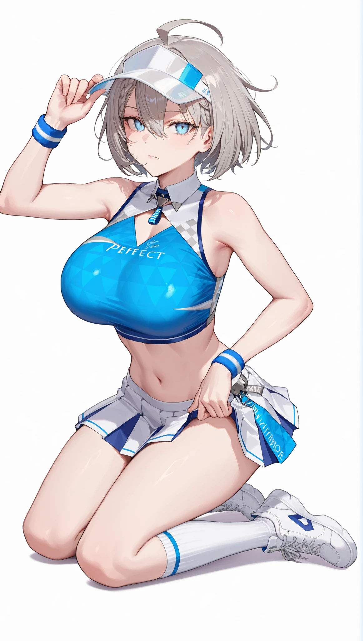 1girl, solo, anime girl, elegant, badass, baltimore, masterpiece, very aesthetic, grey hair, ahoge, short hair, french braid, hair between eyes, bob cut, light blue eyes, sharp eye outlines, long eyelashes, looking at viewer, big breasts, curvy body, cheer leader outfit, blue crop top, short pleated skirt, white skirt, white visor cap, white knee socks, blue wristband, white sneakers, simple background, soft skin, volume light, depth of field, high detail, highres, ultra-detailed, detailed face, (detailed eyes), (perfect eyes), perfect composition, intricate details, detailed and polished anime style, (detailed hand), (perfect hand), 4K, 8K