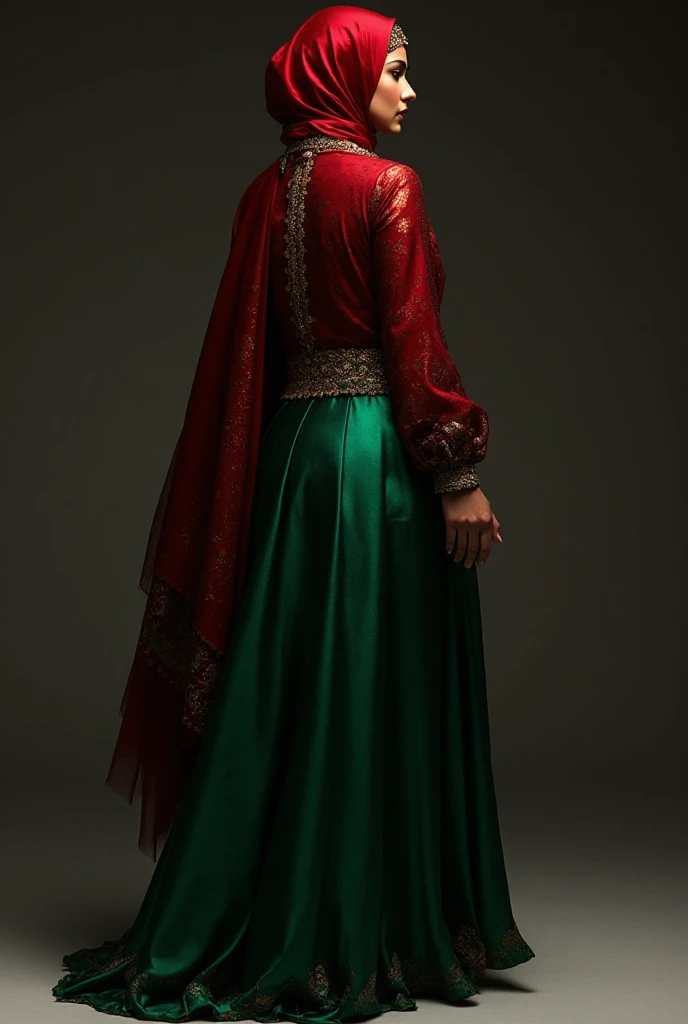 Uyghur beauty, dancing, silk, Kazakhstan, mysterious, enchanting dance, graceful dance, Xinjiang, Uyghur beauty, exotic style, HD pictures, long skirt, skirt color black and red gradient, Uyghur dress, clothes with ethnic patterns, full body, Uyghur ornate headdress, veil, white background,