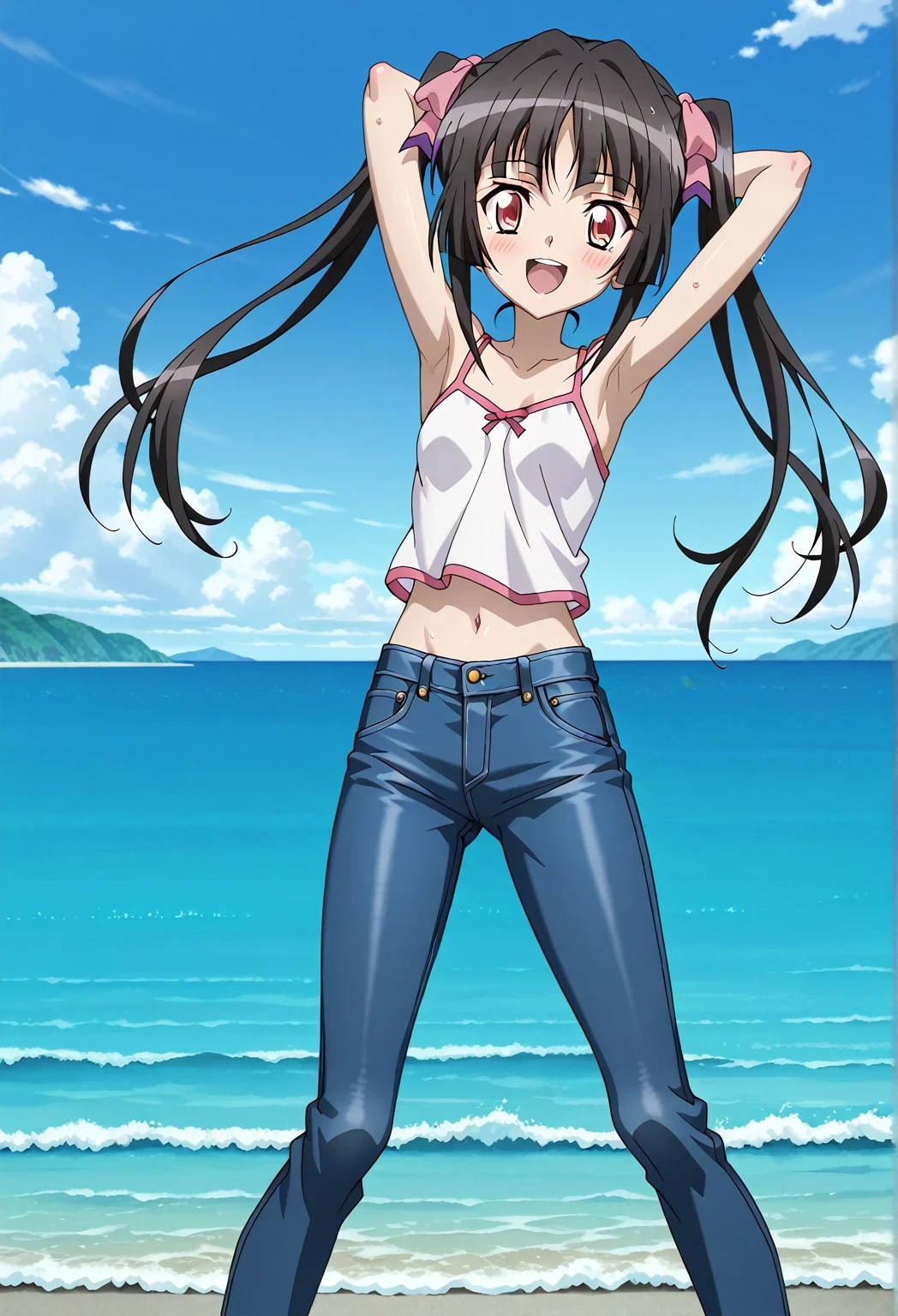 score_9, score_8_up, score_7_up, source_anime, highres, hi res, ((best quality, top quality, perfect quality, Highest Quality, amazing quality)), {{masterpiece}}, {{an extremely delicate and beautiful}}, 2d, intricate details, official style, anime, 8k, anime style, official_anime, official art, digital painting, cell shading, soft shading, high resolution, soothing tones, Subdued Color, Soft cinematic light, adobe lightroom, photolab, HDR, intricately and hyper-detailed, ((high quality animation)), 1 girl, Alone, solo, ((ocean)), tsunami, on the water, day, sunny, outdoors, sky, windy, Shirabe Tsukuyomi, Senki Zesshou Symphogear, twintails, Crimson eyes, black hair, long hair, anime screencap, small breasts, white camisole top, crop top, white crop top, best quality, hyper-detailed jeans, ((blue jeans:1.9)), (dark blue jeans:0.6), full medium body, medium shot, Open mouth, smiling, happy face, blush, sweat, standing, ((arms behind head:6.0)), ((hands behind neck:6.0)), focusing armpits, bowlegged, jumping pose, action, looking at viewer, spread legs, Bend knees slightly, straight-on front view