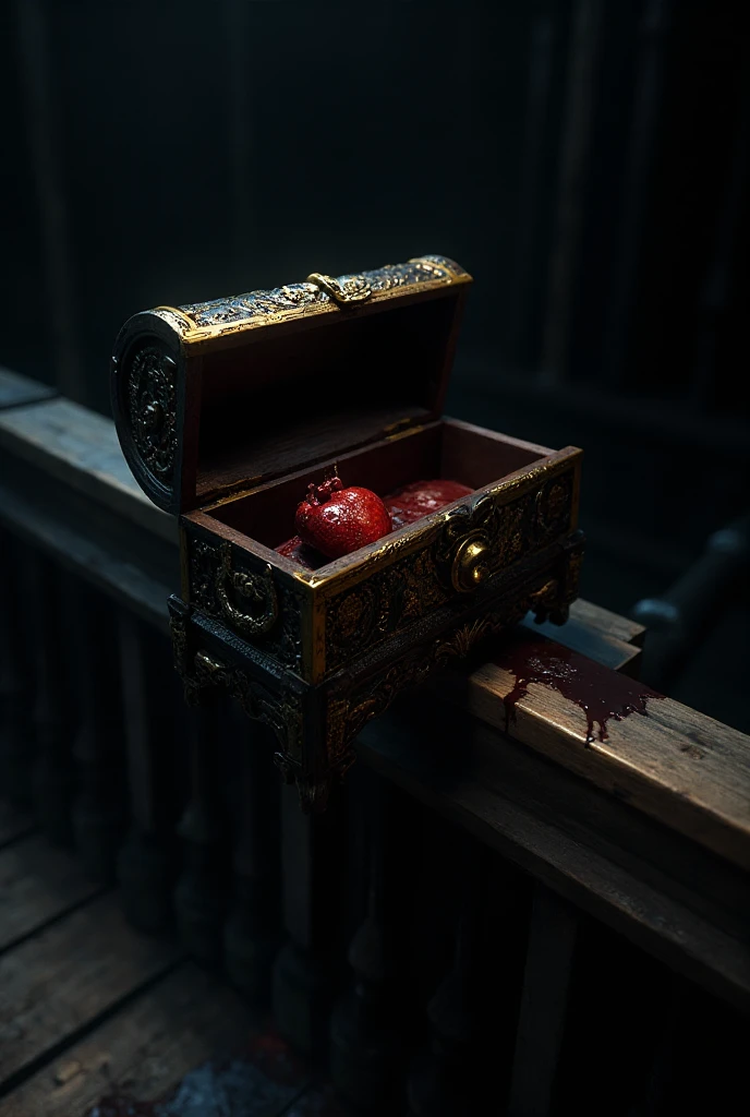 (mimic,metal treasure chest,suspicious,At first glance, it looks like a normal treasure chest, but there are torn clothes sticking out and blood stains.),(Please express the mimic in vivid colors.,rich colors,colorful,Brightly colored,metallic luster,Bloodstains are expressed in black and red,creepy color scheme),Intricate details,artwork,rendering,(masterpiece:1.3),(highest quality:1.4),(Super detailed:1.5),High resolution,Very detailed,unity 8k wallpaper,create an artistic background,White shadows of vengeful spirits twitching in fear,The vengeful spirits are crying and crying black tears.,hell,demon world,black mist,splash blood,decadently,fear,scream,(highest quality:1.4),(Super detailed:1.5),High resolution,Very detailed,unity 8k wallpaper,Decadent