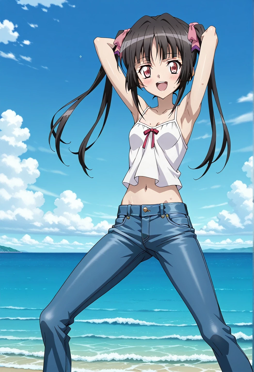 score_9, score_8_up, score_7_up, source_anime, highres, hi res, ((best quality, top quality, perfect quality, Highest Quality, amazing quality)), {{masterpiece}}, {{an extremely delicate and beautiful}}, 2d, intricate details, official style, anime, 8k, anime style, official_anime, official art, digital painting, cell shading, soft shading, high resolution, soothing tones, Subdued Color, Soft cinematic light, adobe lightroom, photolab, HDR, intricately and hyper-detailed, ((high quality animation)), 1 girl, Alone, solo, ((ocean)), tsunami, on the water, day, sunny, outdoors, sky, windy, Shirabe Tsukuyomi, Senki Zesshou Symphogear, twintails, Crimson eyes, black hair, long hair, anime screencap, small breasts, white camisole top, crop top, white crop top, best quality, hyper-detailed jeans, ((blue jeans:1.9)), (dark blue jeans:0.6), full medium body, medium shot, Open mouth, smiling, happy face, blush, sweat, standing, ((arms behind head:6.0)), ((hands behind neck:6.0)), focusing armpits, bowlegged, jumping pose, action, looking at viewer, spread legs, Bend knees slightly, straight-on front view