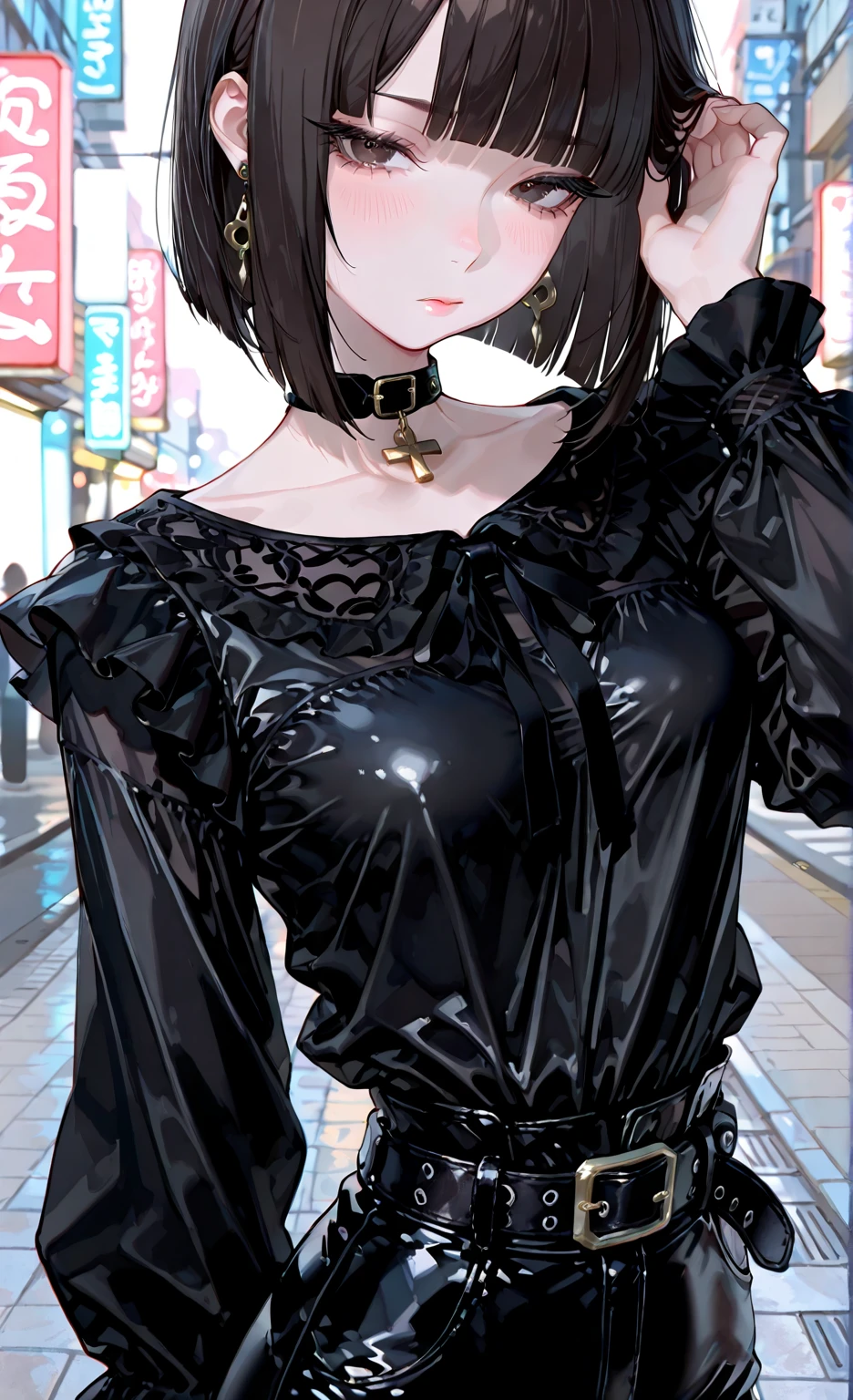 evildoer、girl、Hiding one eye、Black Hair、Bobcut、Black Veil、Black flared 、Eyes、Cat ear、cute、profile、Close-up of face、１０generation、tall、eight-headed body、Back alley at night、Neon lights in the distance