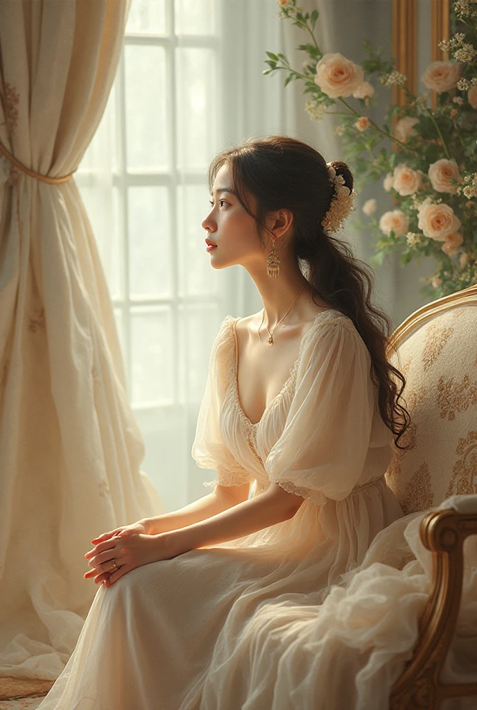 A girl gets  in a beautiful room