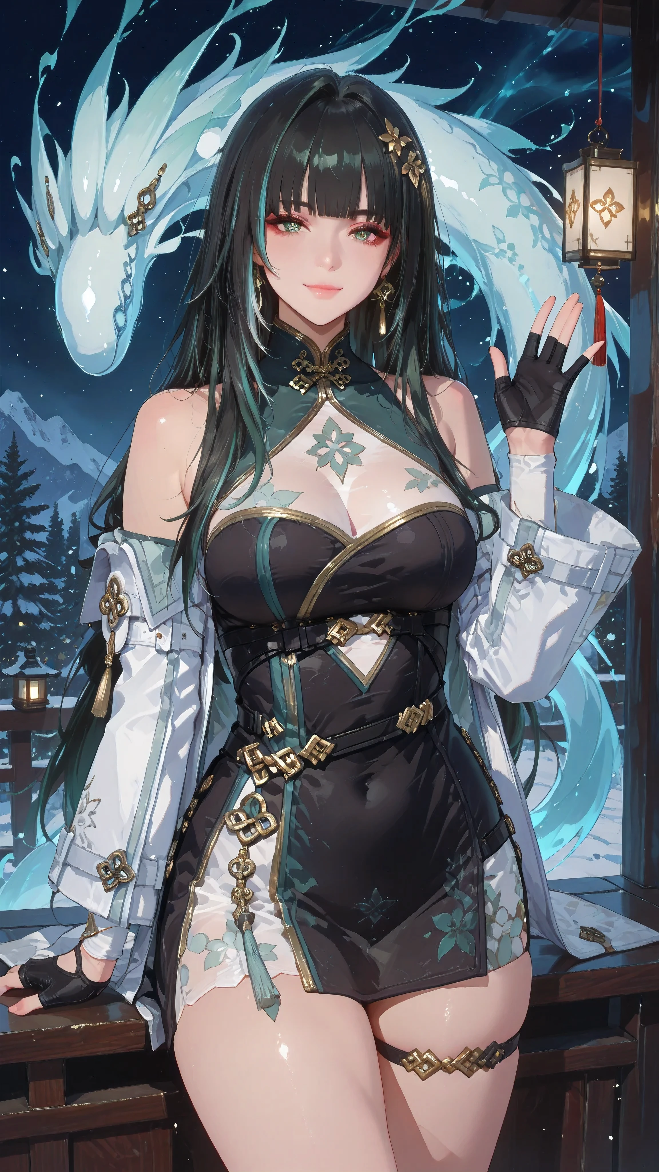 ((BAIZHI_WUTHERING WAVE)) photorealistic)),(highlight hair)), Light reflection, (( HD )),((upper body)), (((best quality, masterpiece))), (masterpiece) (best quality) (detail) (8k) (HDR) (wallpaper) (cinematic lighting) (sharp focuasterpiece, best quality: 1.1), Real life adaption of this character, realistic outfit, realistic shadow, realistic light, realism, hyper realistic, realistic background,realistic hair,(photorealistic:1.2), (masterpiece: 1.2), (best quality: 1.3), (clear details: 1.3), ((((ultra-detailed)))), ((detailed eyes)), (extremely detailed face:1.4), (highly detailed eyelash:1.6), (Masterpiece, Best quality, best shadow), (detailed background),(masterpiece, best quality:1.2), best resolution,masterpiece, score_9, score_8_up, score_7_up, score_6_up, score_5_up, score_4_up, rating_questionable,1girl, solo, mature female, baizhi, long hair, green eyes, black hair, white streaks, hair ornament,chinese clothes, black dress, shoulders, see through cleavage, upper body, detached sleeves, white jacket, open jacket, gloves, waving, outdoors, , light smile, , outdoors , cowboy shot, looking at viewer, colorful, vivid,score_9, score_8_up, score_7_up, score_6_up, score_5_up, score_4_up, baizhiwuwa, 1girl, solo, long hair, black hair, , gloves, hair ornament, dress, black gloves, black footwear, fingerless gloves, thigh strap, earrings, streaked hair thick thighs, sitting,looking at viewer, indoors,The background of the room is decorated with lanterns,Summon the monster, holding its head, black gloves,White Monster,standing in a majestic mountainous landscape with cascading waterfalls and tall pine trees. She has long, dark teal-green hair with intricate gold accessories, wearing an elegant white and black Chinese-style outfit with cyan accents and ornate gold patterns. A mystical, white ethereal serpent spirit floats protectively behind her, with elegant curves and glowing eyes. Her expression is calm and confident, with a gentle but powerful,Ice