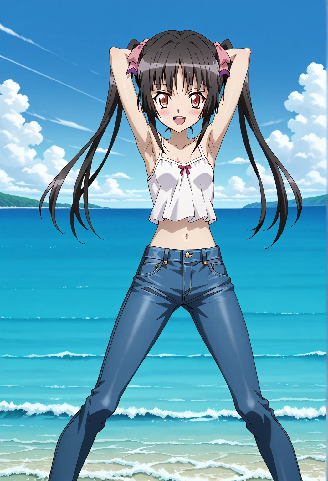 score_9, score_8_up, score_7_up, source_anime, highres, hi res, ((best quality, top quality, perfect quality, Highest Quality, amazing quality)), {{masterpiece}}, {{an extremely delicate and beautiful}}, 2d, intricate details, official style, anime, 8k, anime style, official_anime, official art, digital painting, cell shading, soft shading, high resolution, soothing tones, Subdued Color, Soft cinematic light, adobe lightroom, photolab, HDR, intricately and hyper-detailed, ((high quality animation)), 1 girl, Alone, solo, ((ocean)), tsunami, on the water, day, sunny, outdoors, sky, windy, Shirabe Tsukuyomi, Senki Zesshou Symphogear, twintails, Crimson eyes, black hair, long hair, anime screencap, small breasts, white camisole top, crop top, white crop top, best quality, hyper-detailed jeans, ((blue jeans:1.9)), (dark blue jeans:0.6), full medium body, medium shot, Open mouth, smiling, happy face, blush, sweat, standing, ((arms behind head:6.0)), ((hands behind neck:6.0)), elbows close to the head, focusing armpits, bowlegged, jumping pose, action, looking at viewer, spread legs, Bend knees slightly, straight-on front view