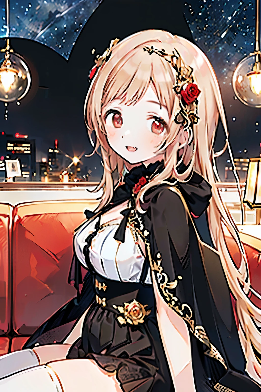 Sakuragi Mano, vampire queen, (((Mega Breasts))), smile, Fluffy, Healing, (best quality:1.5), (masterpiece:1.5), (ultra-detailed illustration follow the prompt:1.5), blush, light brown hair, (very long hair:1.2), (long bangs:1.5), (above-eyebrow bangs:1.5), (detailed eyes:1.5), (feature triple highlights in eyes:1.5), (light red eyes:1.35), ((fangs)), (gold-trimmed modest high-waist black transparent long cape dress:1.4), (gold-trimmed), (red rose hair accessory:1.3), (tiara), black gloves, pigeon's blood ruby accessory, ( red cocktail:1.3) ,(cocktail glass near mouth), ,holding glass with both hands, zettai ryouiki, sitting on the luxrious red sofa with viewer, (Starry Sky:1.2), window, dark, twenties female,(close-up on face:1.3), (focus on eyes:1.3), (pov from sitting next to her on the same sofa:1.5), classy atmosphere, (from the right side:1.5), upper body,