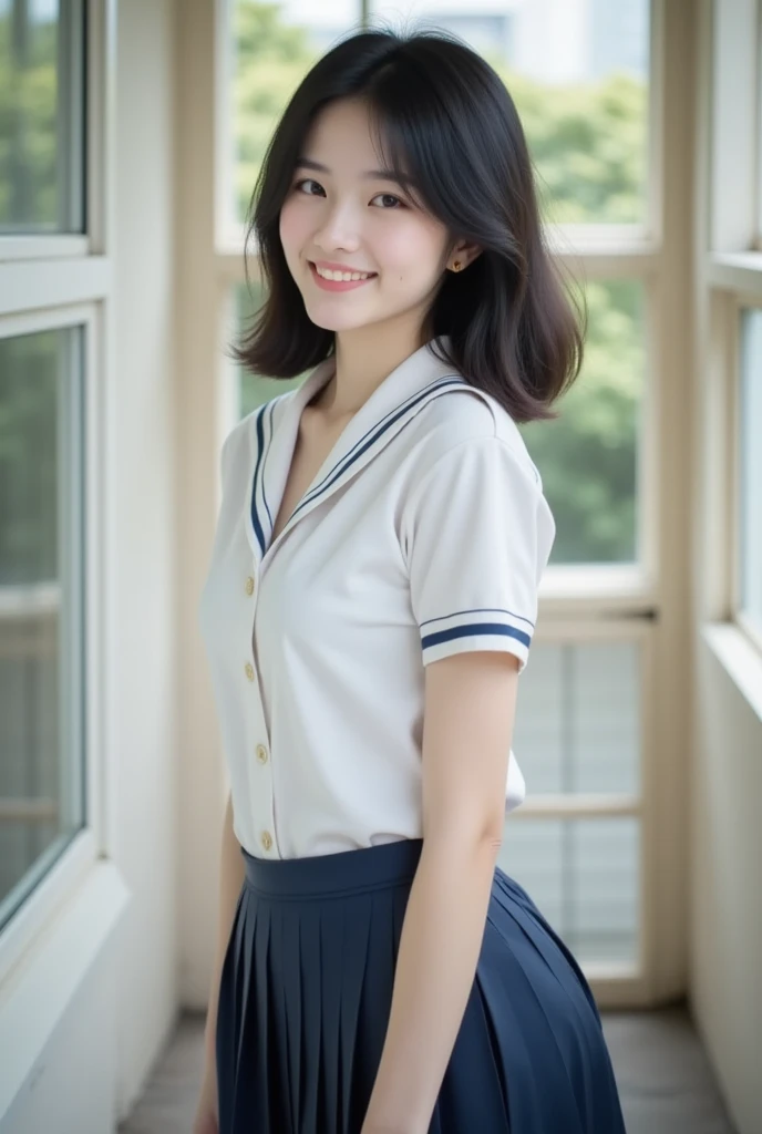 neat college girl, petite, (school uniform, summer clothes, short sleeves), outside the athletic field, (slim), photorealistic, detail, skin texture, ultra detail, delicate and  collarbone, smile, super detailed face, detailed lips, detailed eyes,  emphasis