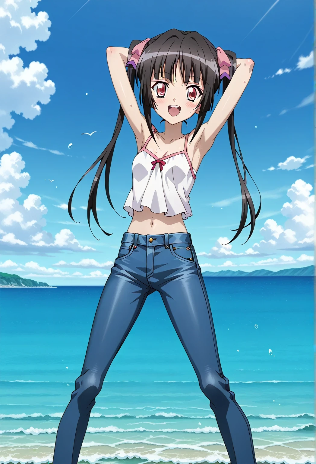 score_9, score_8_up, score_7_up, source_anime, highres, hi res, ((best quality, top quality, perfect quality, Highest Quality, amazing quality)), {{masterpiece}}, {{an extremely delicate and beautiful}}, 2d, intricate details, official style, anime, 8k, anime style, official_anime, official art, digital painting, cell shading, soft shading, high resolution, soothing tones, Subdued Color, Soft cinematic light, adobe lightroom, photolab, HDR, intricately and hyper-detailed, ((high quality animation)), 1 girl, Alone, solo, ((ocean)), tsunami, on the water, day, sunny, outdoors, sky, windy, Shirabe Tsukuyomi, Senki Zesshou Symphogear, twintails, Crimson eyes, black hair, long hair, anime screencap, small breasts, white camisole top, crop top, white crop top, best quality, hyper-detailed jeans, ((blue jeans:1.9)), (dark blue jeans:0.6), full medium body, medium shot, Open mouth, smiling, happy face, blush, sweat, standing, ((arms behind head:6.0)), ((hands behind neck:6.0)), ((elbows close to the head:3.5)), focusing armpits, bowlegged, jumping pose, action, looking at viewer, spread legs, Bend knees slightly, straight-on front view