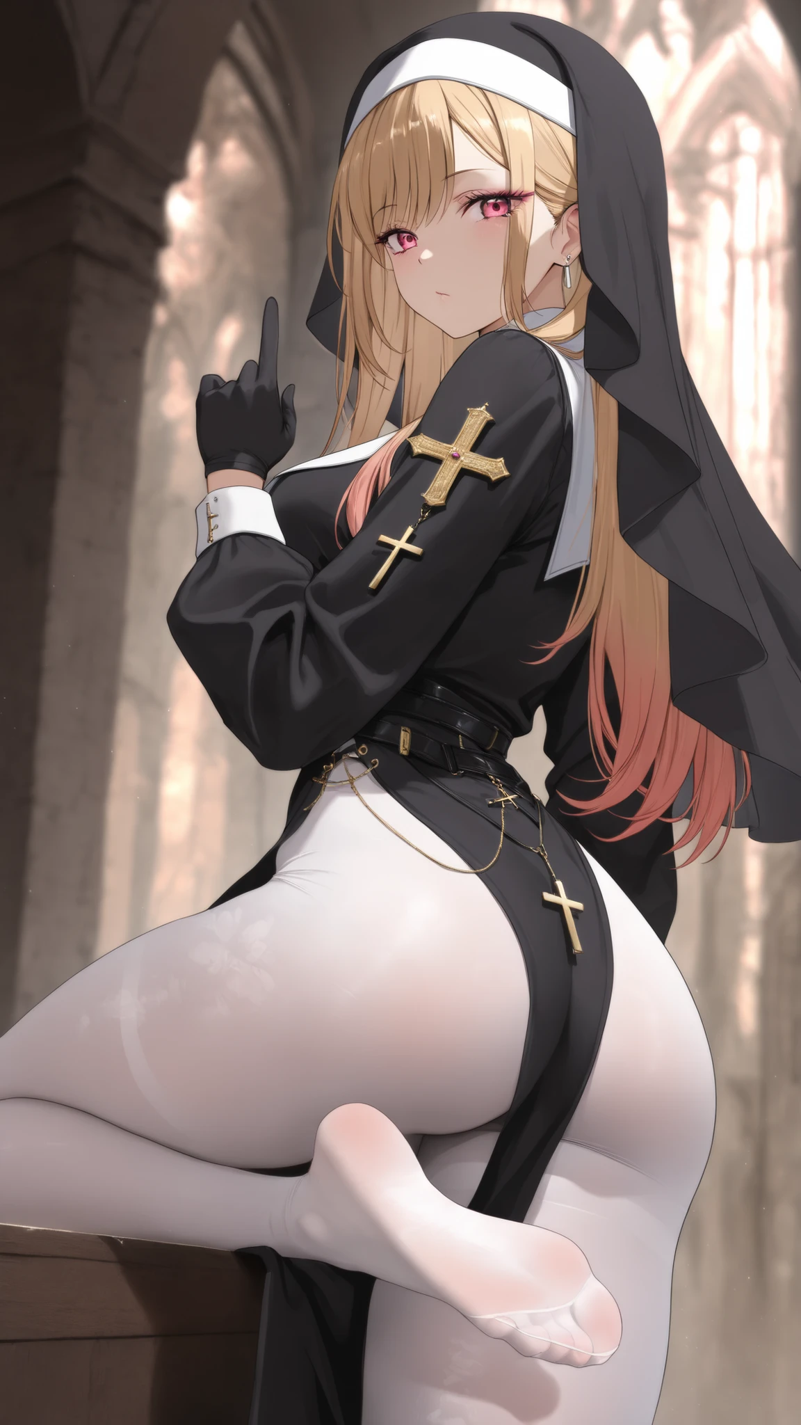 (masterpiece, best quality, absurdres:1.2), 8k uhd, ultra-detailed, cinematic lighting, soft light diffusion, depth of field, realistic skin texture, photorealistic shading, aesthetic, subsurface scattering, film grain, (detailed textures:1.2), chiaroscuro, natural interaction,
BREAK,
1girl, kitagawa marin, pink eyes, long hair, ass, soles,
nun, dress, veil, black veil, pantyhose, white pantyhose, pelvic curtain, gloves, black gloves, cross, latin cross, no panties,
solo, looking at viewer, leg up