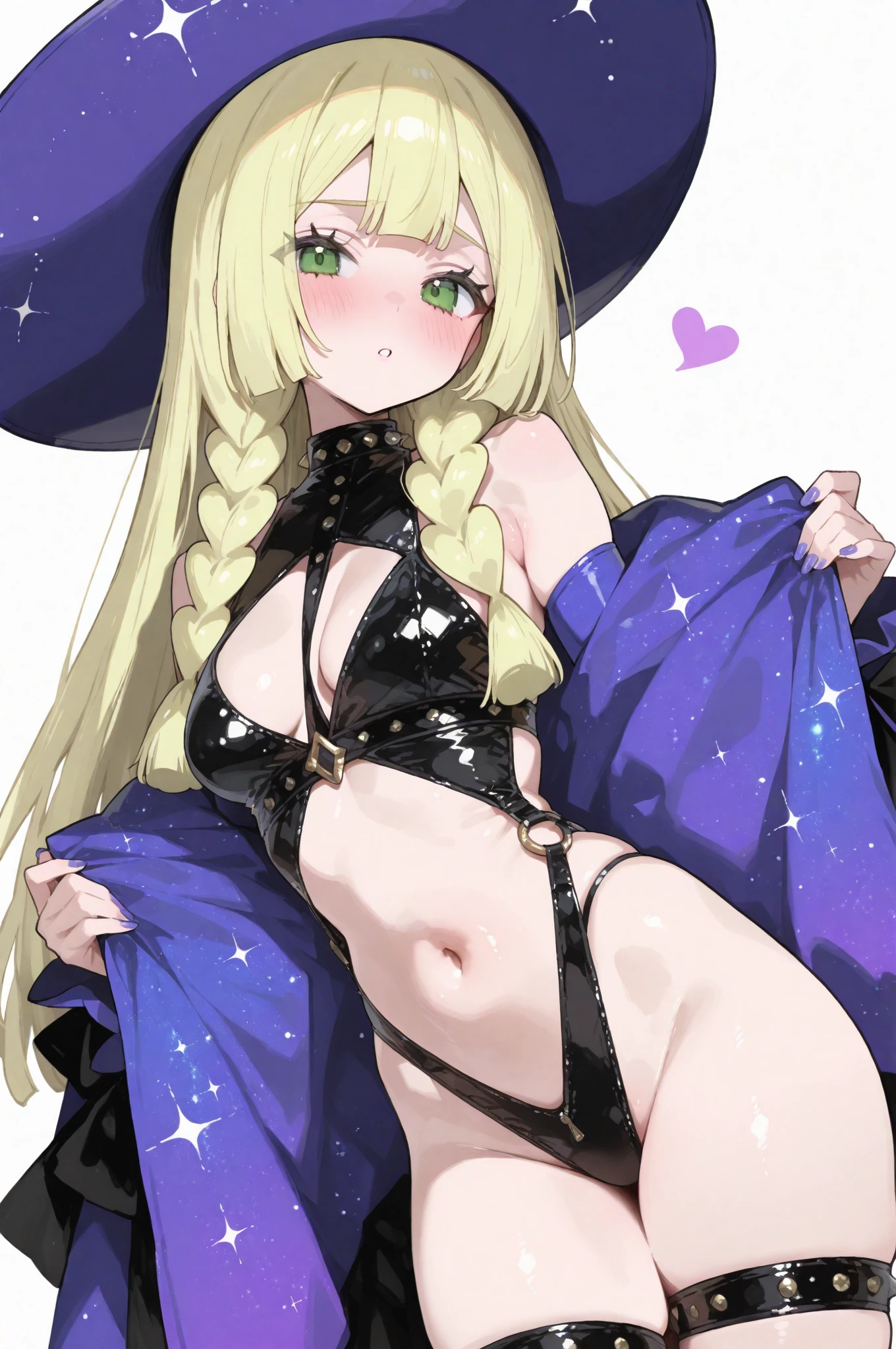 masterpiece, best quality, 1girl, solo, <lora:diabellze-ygo-richy-v1:1> diabellze, blue eyes, blonde hair, purple hair, multicolored hair, witch hat, white bra, white bow panties, navel, midriff, looking down, stomach, looking at viewer, garter straps, thigh boots, , smile, blush,  arms, hands on 