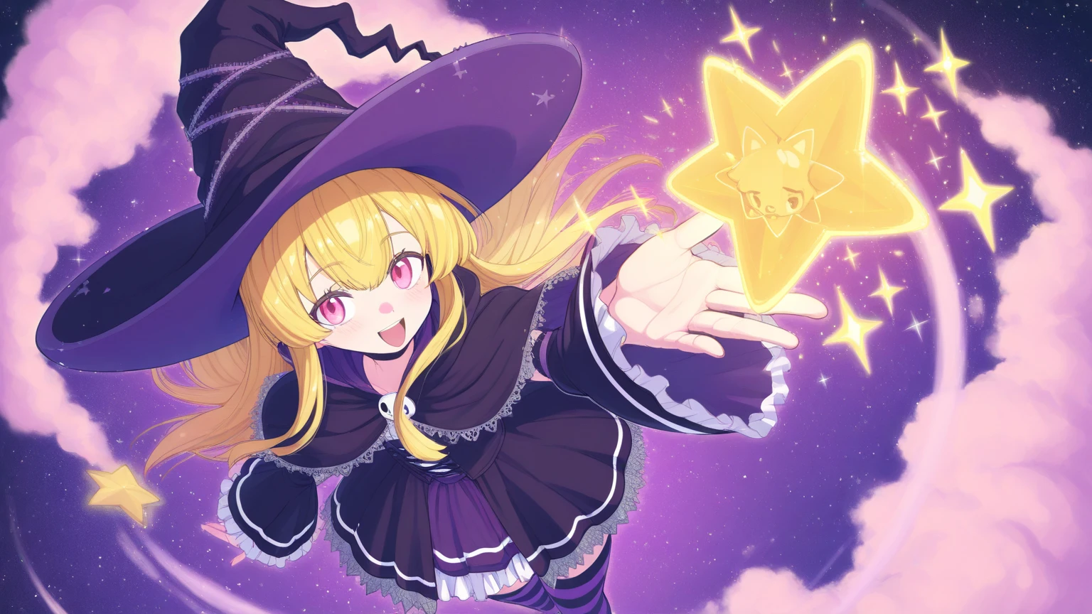 A golden haired female witch with hazel eyes with golden wings is wearing a Victorian dress is getting flustered while performing a spell