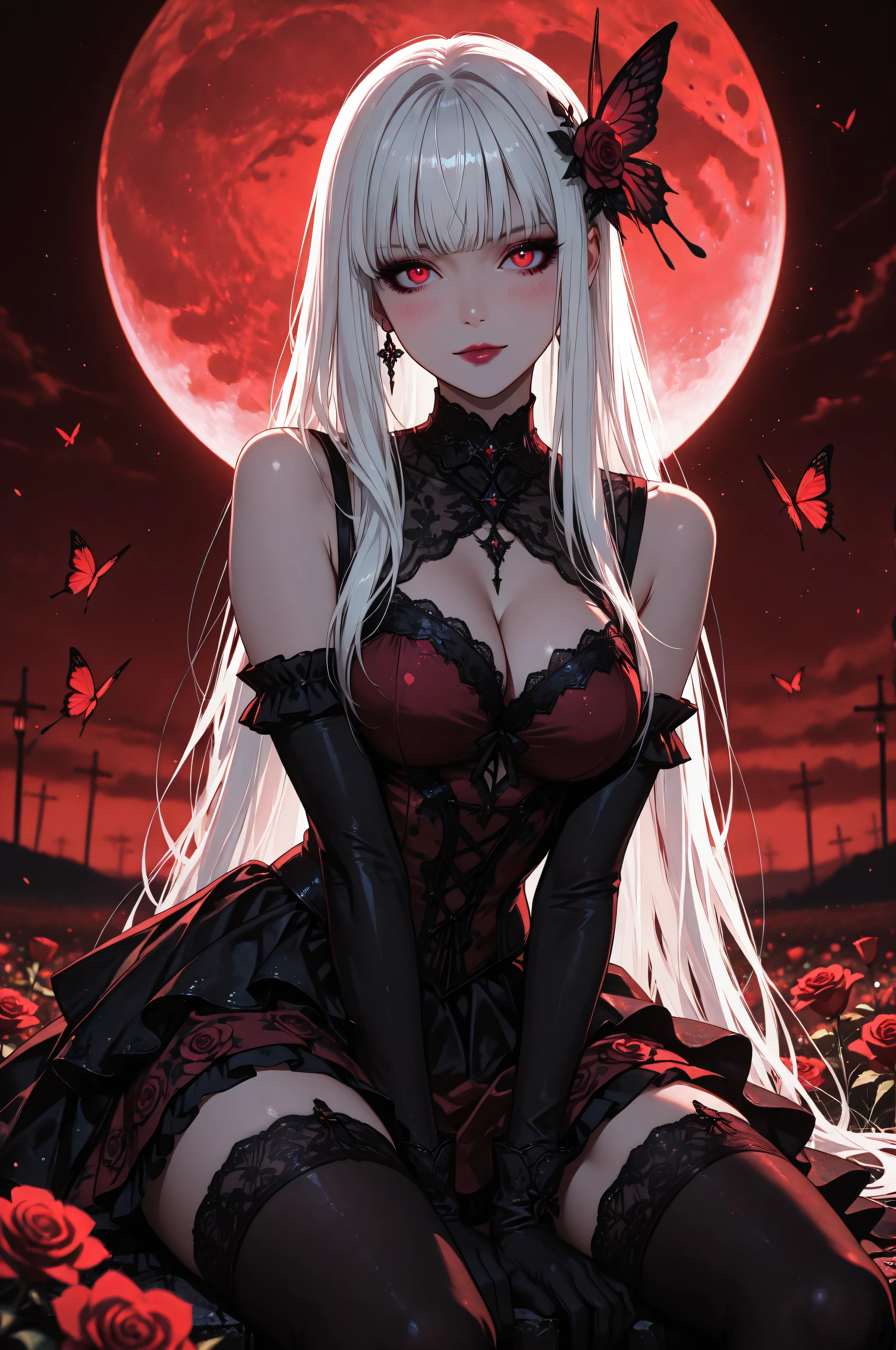 (4k, 8k, Ultra HD), masterpiece, best quality, ultra-detailed, very aesthetic, depth of field, best lighting, detailed illustration, detailed background, cinematic, BREAK ambient occlusion, raytracing, soft lighting, blum effect, absolutely eye-catching, intricate cinematic background, BREAK masterpiece, amazing quality, 8K, illustrating, CG, cute girl, eyelashes BREAK,
masterpiece, best quality, ultra-detailed, cinematic lighting, portrait of a beautiful woman with long flowing white hair, red eyes, wearing an elegant ruffled white and deep white and red dress with intricate lace and floral embroidery, surrounded by red roses flowers against a dark blood-red misty background, soft ambient light highlights her face and the glossy textures of her dress, blush, highly detailed digital painting style, dark fantasy aesthetic, gothic beauty, moody atmosphere, realistic skin texture with luminous highlights, shallow depth of field, playful expression, closed mouth, makeup, lipstick, short dress, moon, moonlight, butterfly, dynamic pose, stockings, sleeveless dress, exposed shoulders, skirt like flower, elaborate dress, floral accessories skirt, long gloves, field, sitting