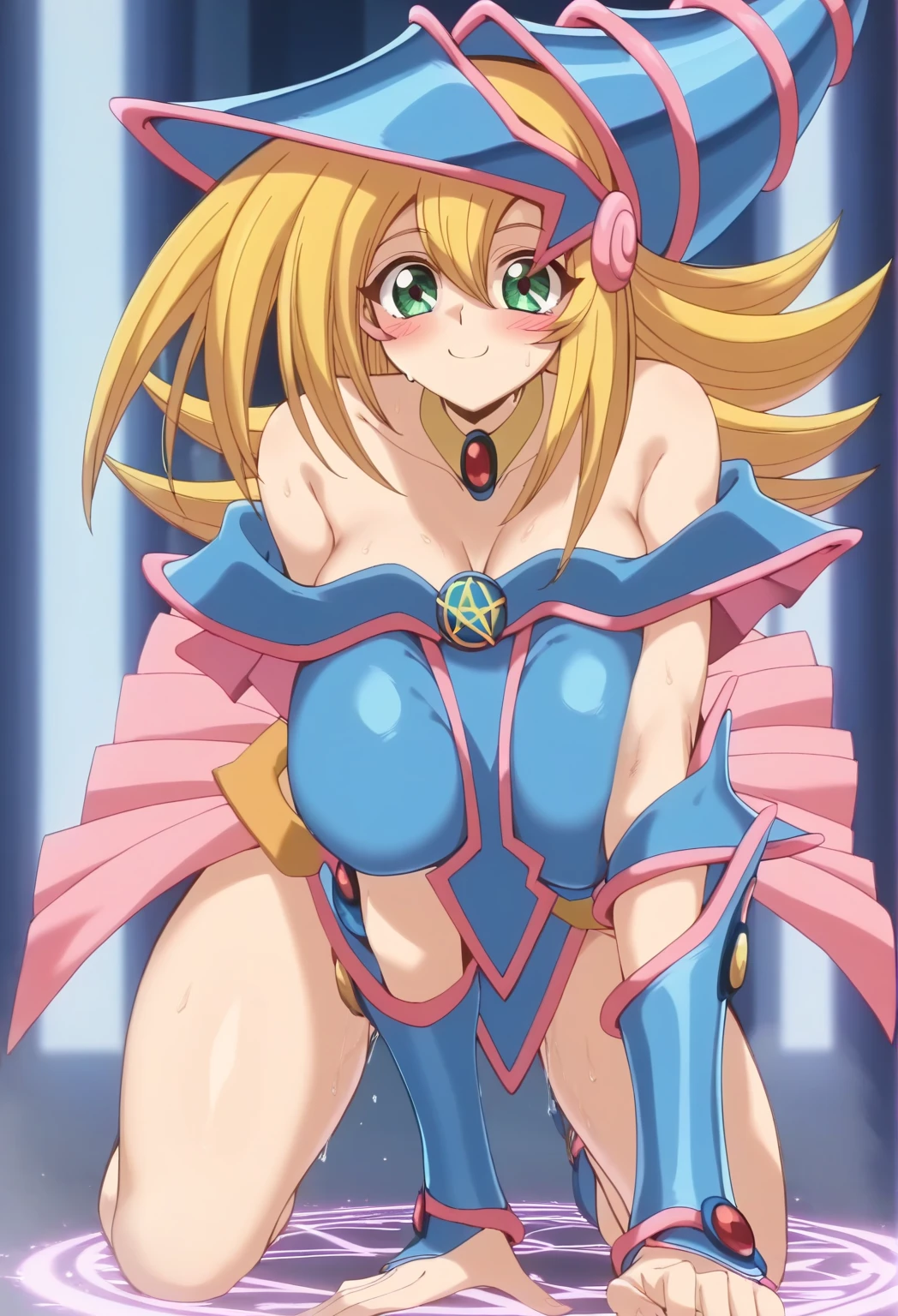 masterpiece, Best Quality, High resolution,16k,official art,super detailed skin,detailed,animated painting,(dark magician girl),1990s \(style\),(E-cup beautiful breasts)、 (tall:1.2),height: 175cm,Fashion model body type、clevage, Sexy long legs,tanktop、hot pants,underboob,Abdominal muscles、, blondy、blue eyes,Muscular、1girl,solo,nsfw,sexy,smile,shy,blush,(vulgarity:1.3)、(Ahegao:1.3),Anime-style painting style,Close up on full body,Cinematic lighting,Superfine,Seductively Posing,dynamic angle, closeup shot,simple white background,Sweating all over the body,splead legs, BREAK(torn clothes:1.7),(breast cutout:1.6),(nipple slip:1.2),bare nipples,BREAK(fellatio gesture:1.1),open mouth,tongue,tongue out,drooling looking at viewer,(So stupid:1.3),(orgasm:1.7),(wet:1.1)