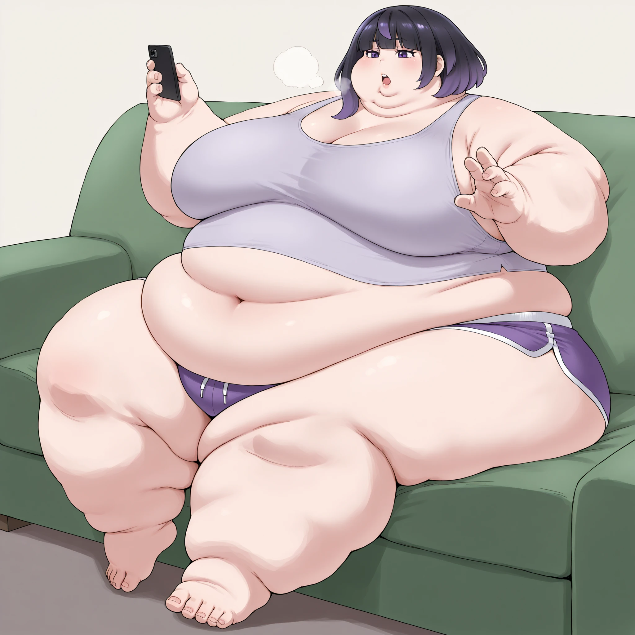 gwynn, gwynn \(pokemon\), gradient hair, black hair, purple hair, short hair, asymmetrical sidelocks, bob cut, purple eyes, aged up, tank top, midriff, dolphin shorts, sitting on couch, on her phone, fat, chubby, obese, fat neck, multiple chins, big breasts open mouth, out of breath, Larger female, full body shot, only head, large head, oversized limbs, large hands, large feet, oversized feet, oversized fingers, big lips, plump lips, fat face, fupa, big fupa, fat fupa, 
