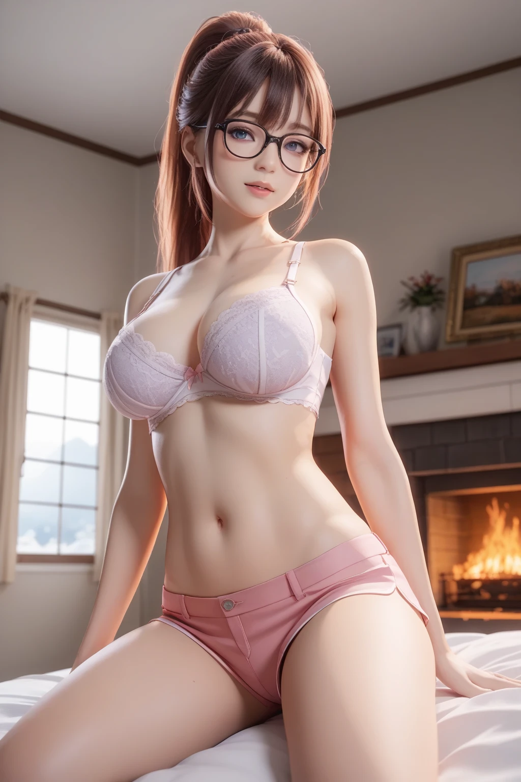 (masterpiece), (high quality), ginger hair, curly hair, long hair over shoulders, glasses, golden eyes, cute smile, sitting in bed, big ?????, slim waist, white bra top, (cleavage), white panties, bedroom, looking at viewer, thick thighs, long white pantyhose