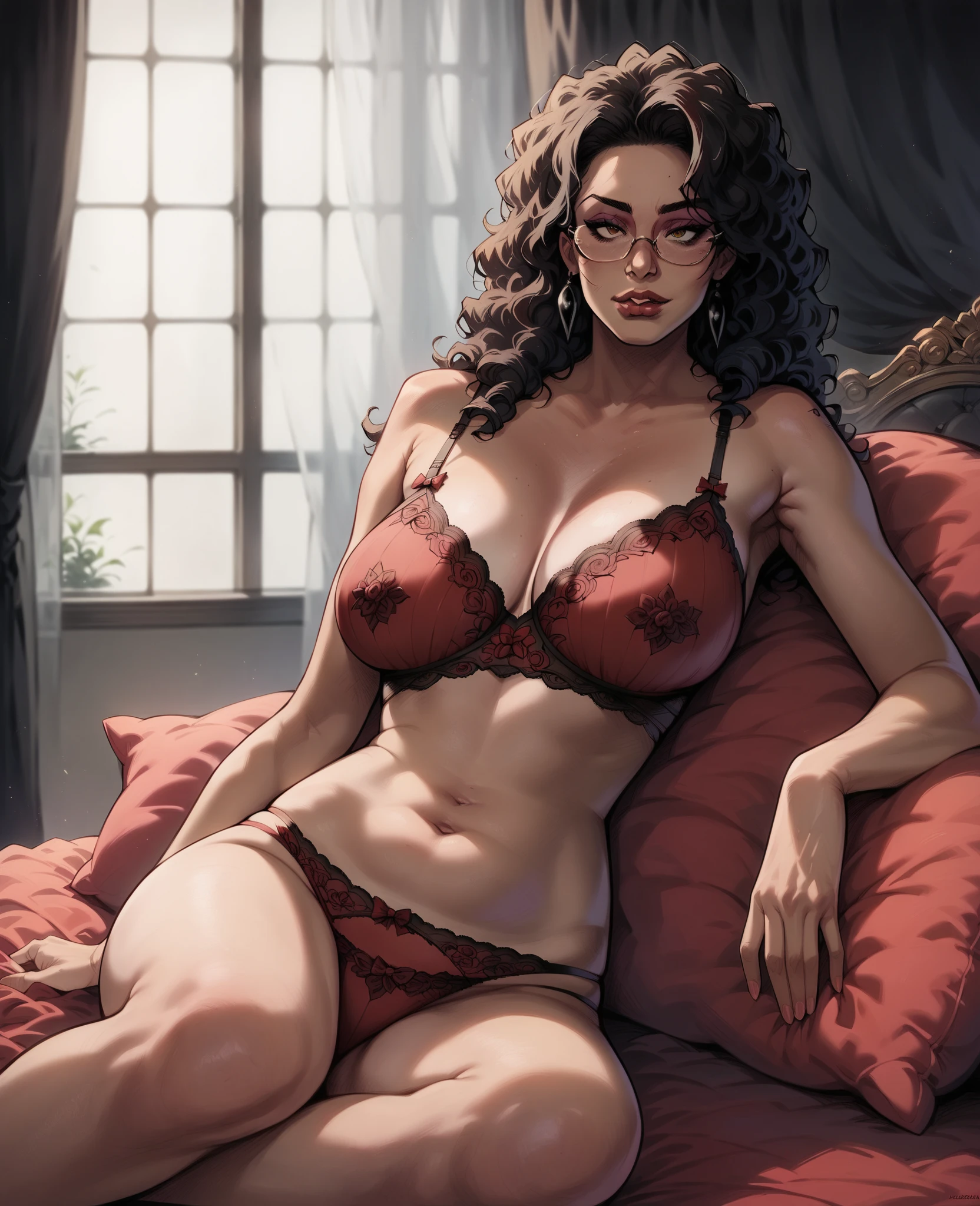 standing alone, beautiful lady, giant lady, Titans MILF, ((Titans)), mellow, devil horn, whole body, muscular, brunette hairstyle, eyes large, large breasted, Broad Hips, dressing ((gray satin padded bra and panties)), lying, from beside, legs spread open, legs go up, crotch wide open, panties soaking wet, creamy vagina, ((see through the panties)), red vagina, devil tails, Satin bed linen, ((both hands behind the head)), ((Surrounded by a dwarf man))