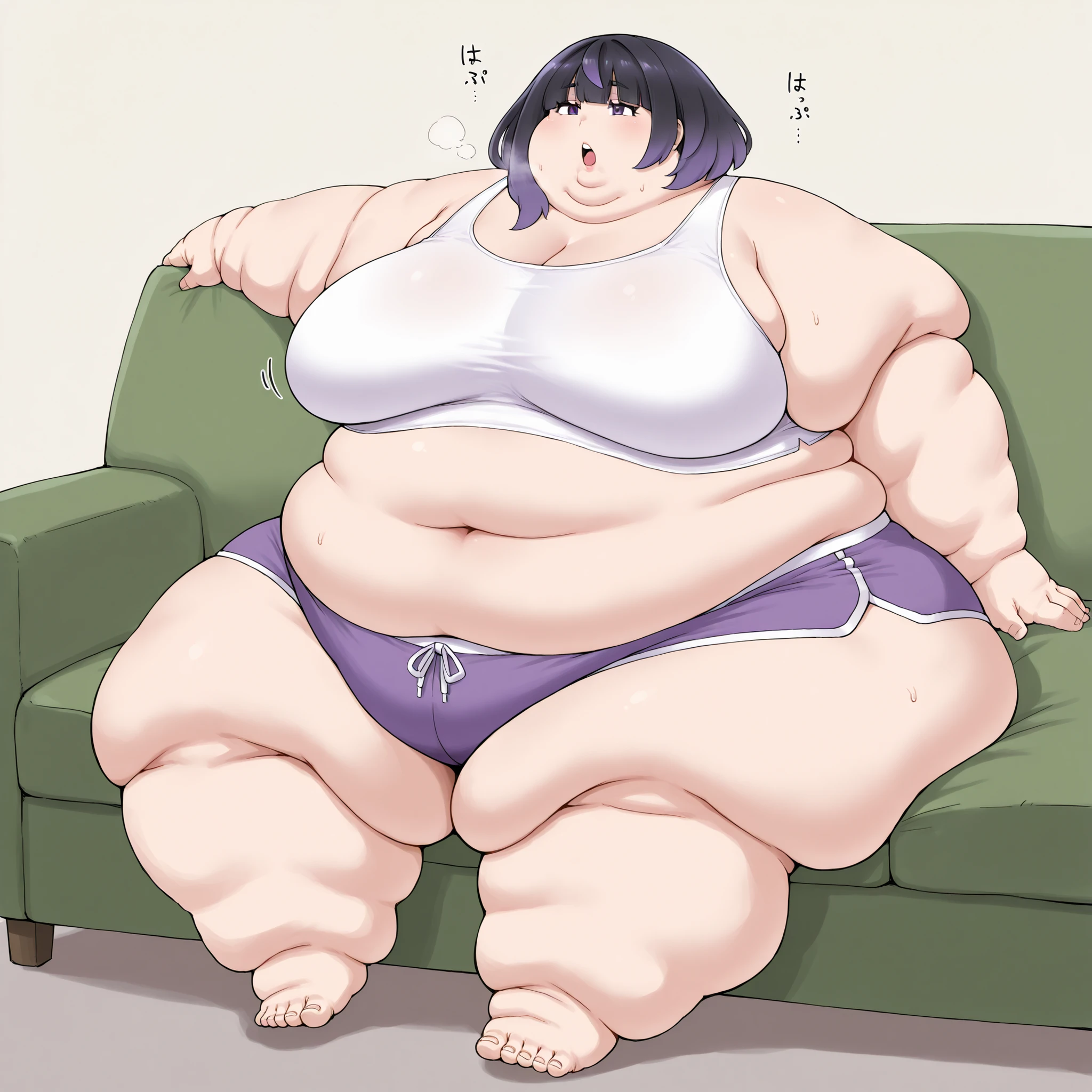 gwynn, gwynn \(pokemon\), gradient hair, black hair, purple hair, short hair, asymmetrical sidelocks, bob cut, purple eyes, aged up, tank top, midriff, dolphin shorts, sitting on couch, fat, chubby, obese, fat neck, multiple chins, big breasts open mouth, out of breath, Larger female, full body shot, only head, large head, oversized limbs, large hands, large feet, oversized feet, oversized fingers, big lips, plump lips, fat face, fupa, big fupa, fat fupa,