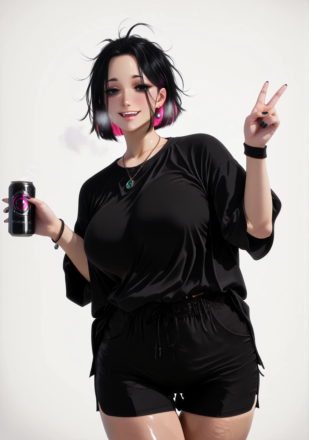 inzoi,realistic,photorealistic shiny skin, (voluptuous body:1.4), (mature female:1.4), (cellulite:1.3), ((anatomical correct)), ((newest, high quality, perfect composition, eye-catching, UHD, cinematic, masterpiece)), perfect body, perfect eyes, perfect fingers, gasping, heavy breathing, gasping profusely, ((skindentation)), ((curvy, thigh gap)) short hair, black hair, colored inner hair, multicolored hair, pink inner hair, black eyes, bags under eyes, plump, solo, can, black_nails, jewelry, shirt, black_shirt, white_background, holding, necklace, 1girl, earrings, shorts, v, smile, looking_at_viewer, holding_can, simple_background, nail_polish, wristband, open_mouth, black_shorts, antenna hairs, messy hair, 