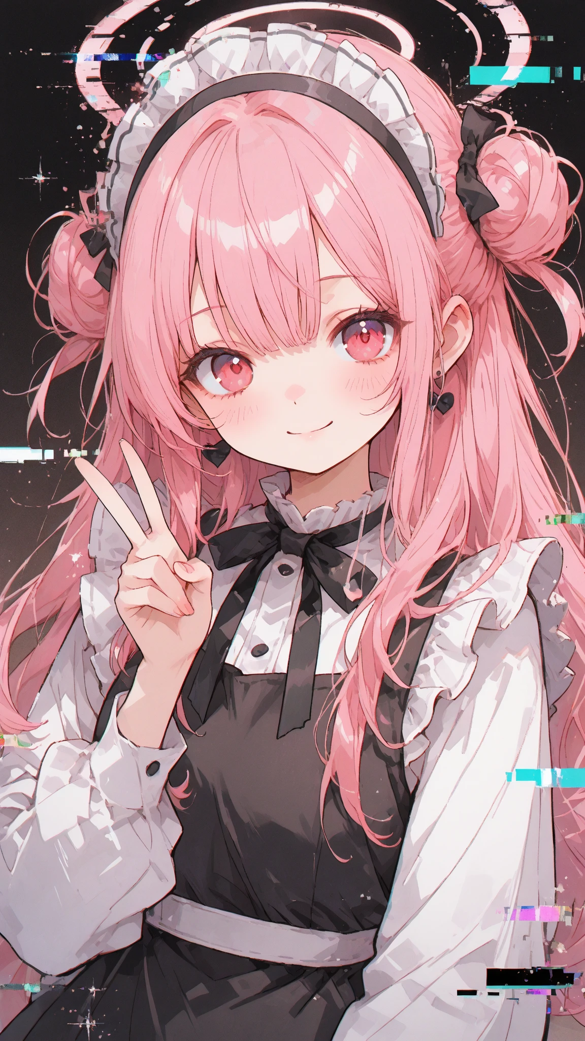 table top, highest quality, (perfect face:1.1), (high detail:1.1), (very detailed目), dramatic, Ultra-fine illustration, very detailed,1 girl, teenager,(pale skin), Happy, smile, enjoy,open your mouth,glow eye,pink hair,straight hair,mysterious eyes, pink eyes,blush, alone,swollen lips,cinematic lighting, Upper body,look up, leaning forward,long sleeve, Gothic Lolita, frills, ribbon,knee high socks,indoor