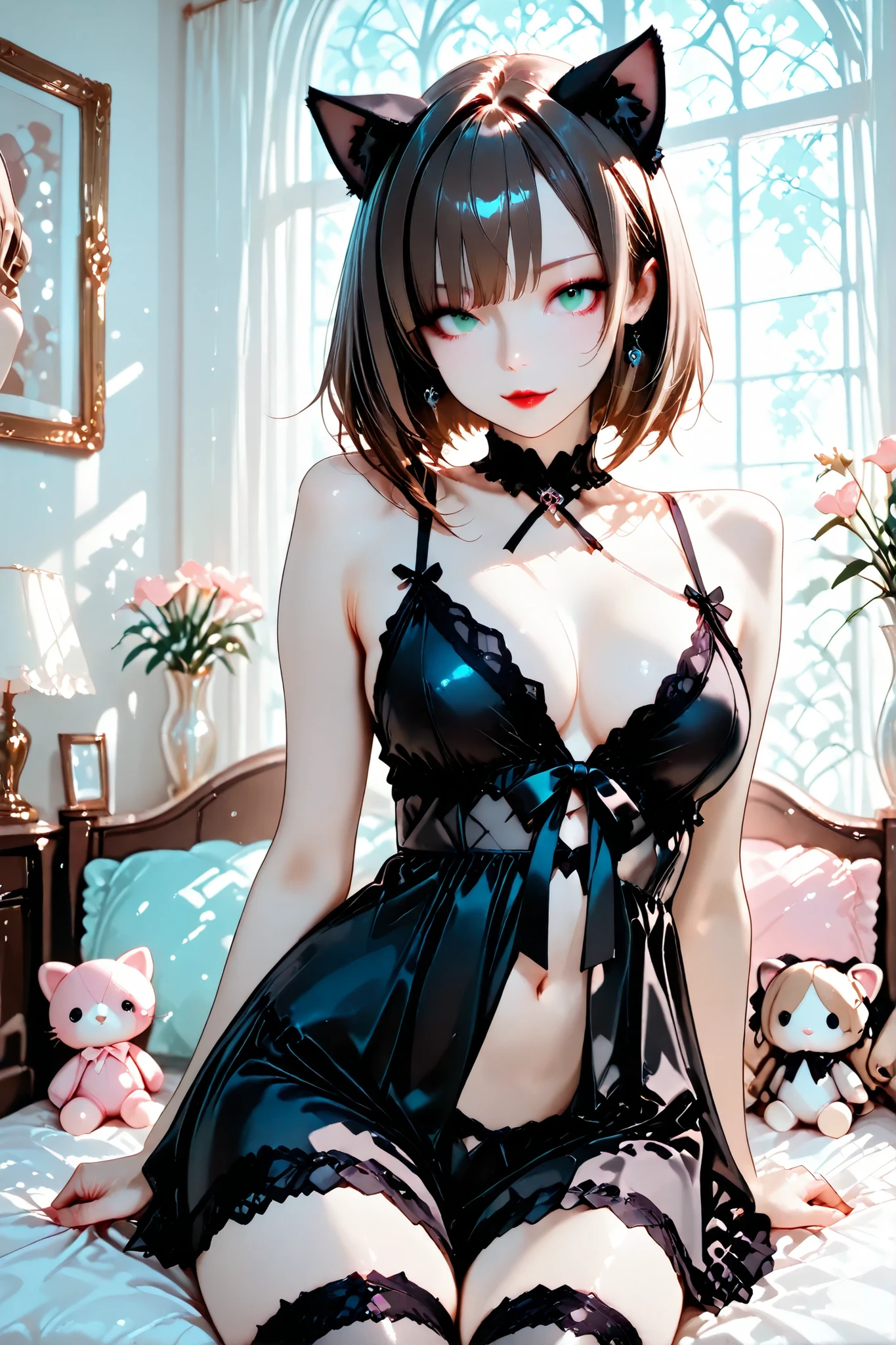 masterpiece, (8k, absolutely-resolution, ultra-detailed, rich-contrast), pixiv-trending style.

a gothic-inspired catgirl with porcelain-like, luminous skin and subtle shading, chin-length chestnut brown hair, green eyes, red lips, with cat ears matching her hair.

she wears a gothic-influenced babydoll, elegant yet provocative, sensual atmosphere.

A bedroom styled in "Jirai-kei" fashion, filled with plush toys, soft pastel decorations.
dim light, full medium shot.
