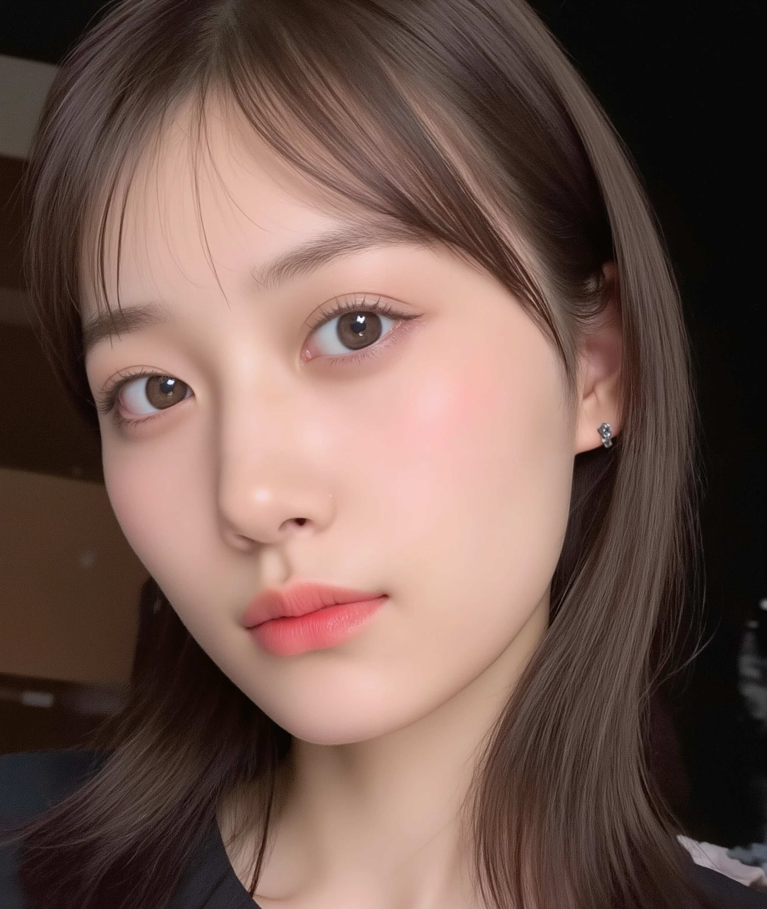 The image is a close-up photograph of a young Asian woman with a fair complexion. Her face dominates the frame, occupying the majority of the image, with her eyes, nose, and lips prominently visible. She has large, almond-shaped eyes with long, thick eyelashes, and her skin is smooth and soft. Her lips are full and slightly parted, revealing a natural, rosy hue. She wears a small silver stud earring in her left ear, adding a subtle touch of personal style.
Her hair is long, dark brown with subtle highlights, and it partially covers her forehead, giving a slightly tousled, casual look. The background is out of focus, but it appears to be a dark, possibly indoor setting, which emphasizes her face and provides a stark contrast to her light complexion. She is wearing a black garment, possibly a top or a sleeve, which is visible at the bottom of the image. The overall mood of the photograph is intimate and personal, capturing a candid moment with a natural, unfiltered aesthetic.