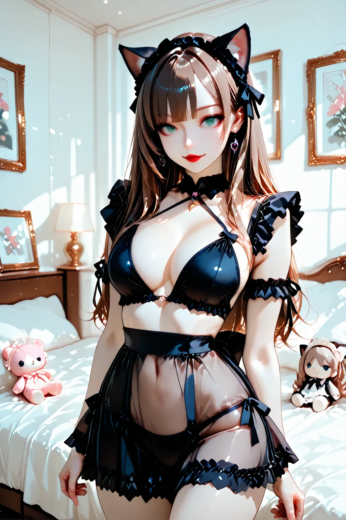 masterpiece, (8k, absolutely-resolution, ultra-detailed, rich-contrast), pixiv-trending style.

a gothic-inspired catgirl, radiant translucent porcelain-like skin, subtle shading, chin-length chestnut brown hair, green eyes, red lips, with cat ears matching her hair.

she wears a gothic-influenced maid bikini, elegant yet provocative, sensual atmosphere.

A bedroom styled in "Jirai-kei" fashion, filled with plush toys, soft pastel decorations.
dim light, balanced exposed, full medium shot.