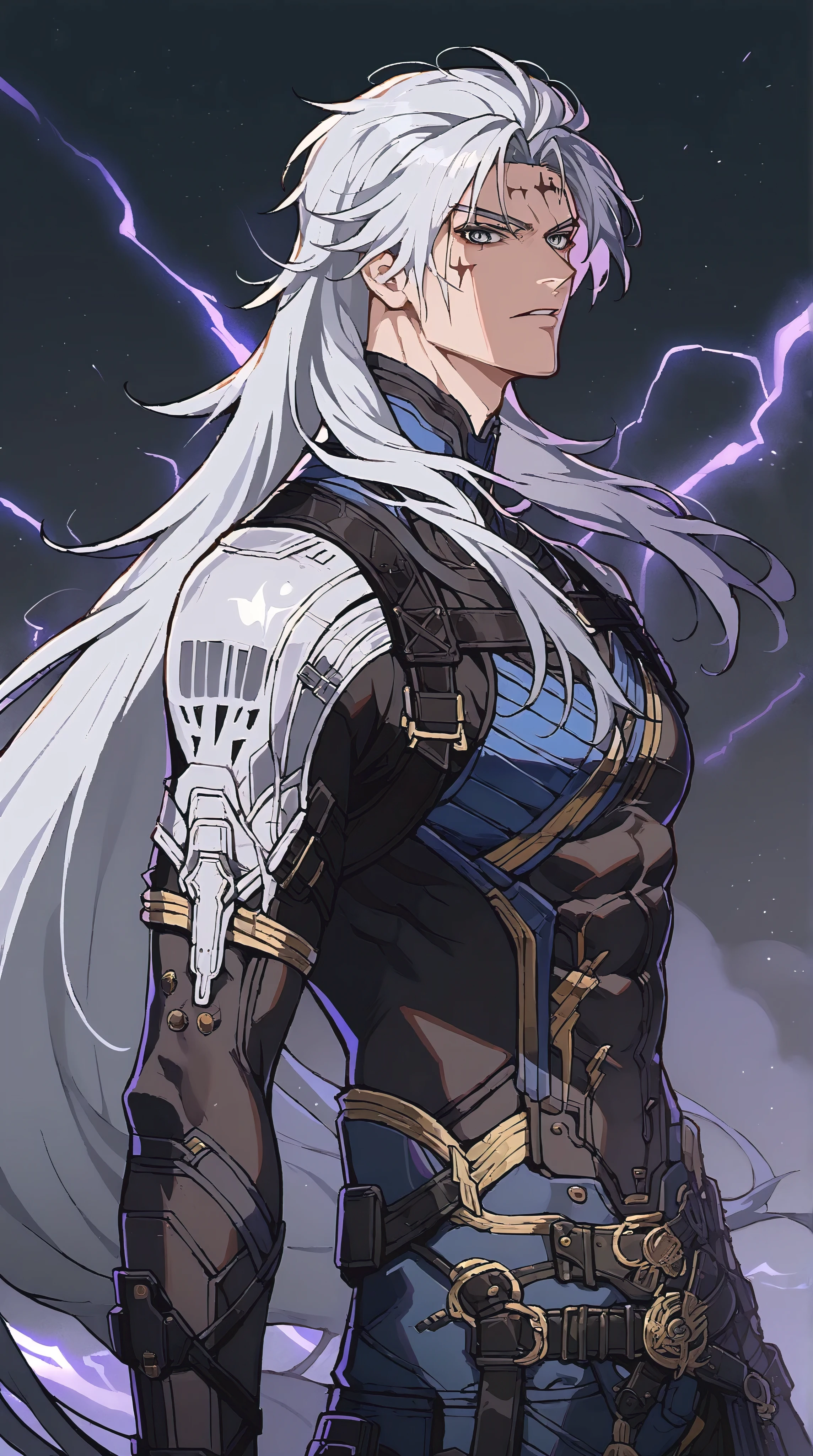 score_9, score_8_up, score_7_up, 1boy, standing, looking at viewer, outdoor, lightning storm in the background, purple lightning, epic background, BREAK
(1boy, Calcharo, wuthering waves, white hair, long white hair, face tattoo, bodysuit, grey eyes, black clothes, stiff expression, detailed face, muscle, tall male)