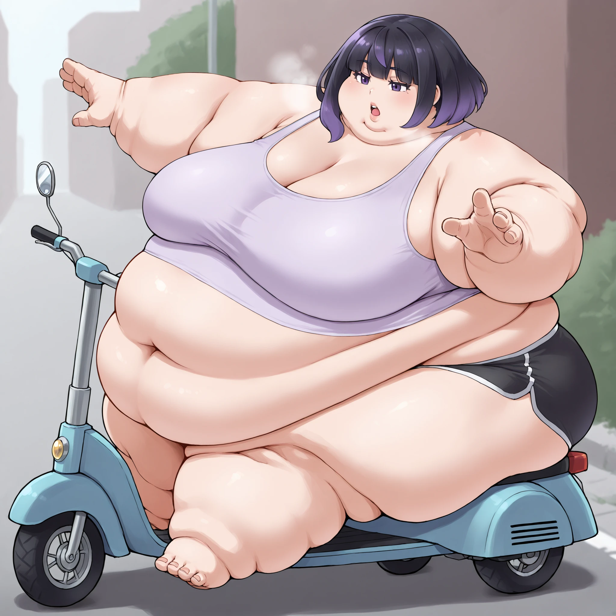 gwynn, gwynn \(pokemon\), gradient hair, black hair, purple hair, short hair, asymmetrical sidelocks, bob cut, purple eyes, aged up, tank top, midriff, dolphin shorts, sitting on mobility scooter, fat, chubby, obese, fat neck, multiple chins, big breasts open mouth, out of breath, Larger female, full body shot, only head, large head, oversized limbs, large hands, large feet, oversized feet, oversized fingers, big lips, plump lips, fat face, fupa, big fupa, fat fupa, outside