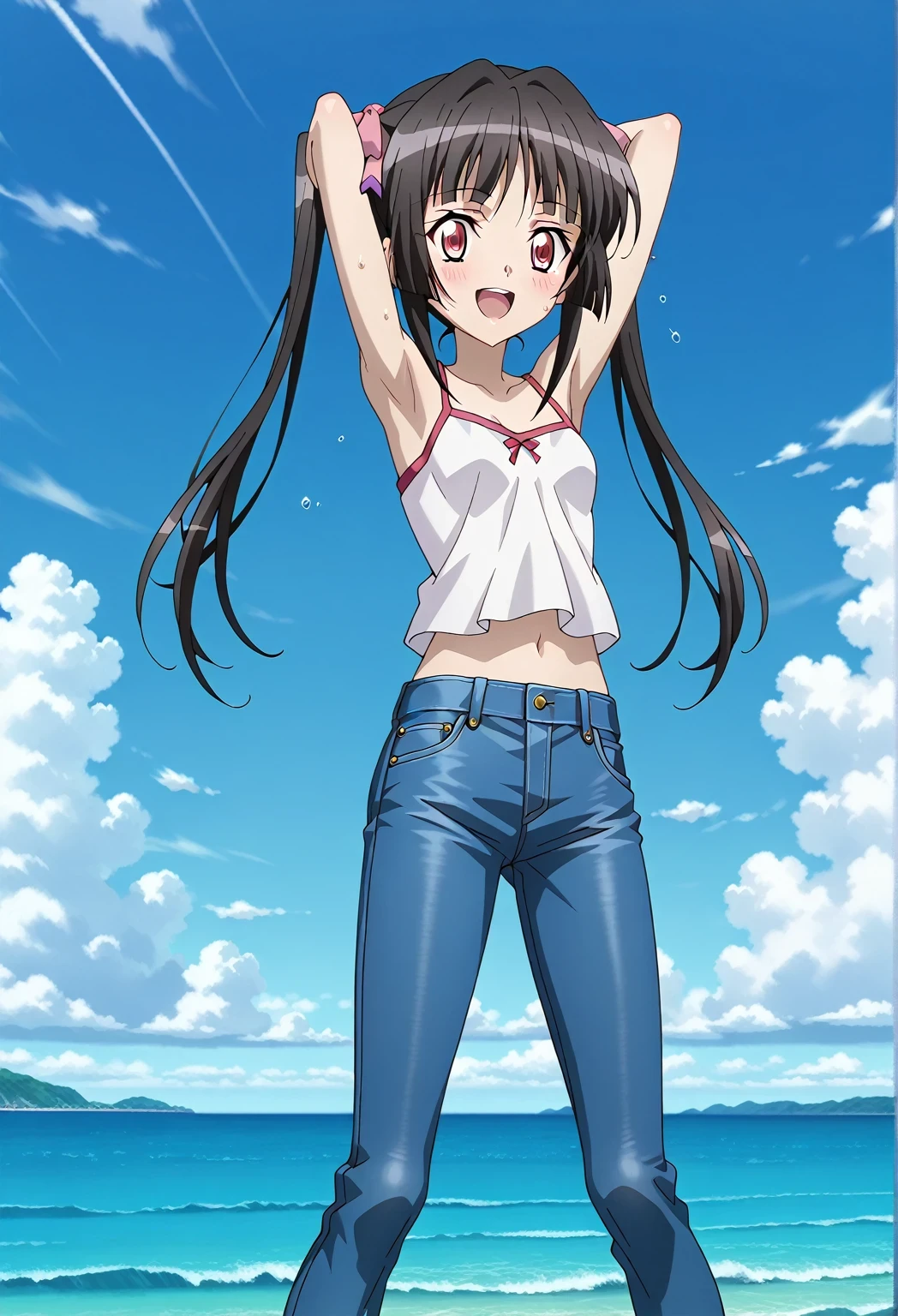 score_9, score_8_up, score_7_up, source_anime, highres, hi res, ((best quality, top quality, perfect quality, Highest Quality, amazing quality)), {{masterpiece}}, {{an extremely delicate and beautiful}}, 2d, intricate details, official style, anime, 8k, anime style, official_anime, official art, digital painting, cell shading, soft shading, high resolution, soothing tones, Subdued Color, Soft cinematic light, adobe lightroom, photolab, HDR, intricately and hyper-detailed, ((high quality animation)), 1 girl, Alone, solo, ((ocean)), tsunami, on the water, day, sunny, outdoors, sky, windy, Shirabe Tsukuyomi, Senki Zesshou Symphogear, twintails, Crimson eyes, black hair, long hair, anime screencap, small breasts, white camisole top, crop top, white crop top, best quality, hyper-detailed jeans, ((blue jeans:1.9)), (dark blue jeans:0.6), full medium body, medium shot, Open mouth, smiling, happy face, blush, sweat, standing, ((arms behind head:6.0)), ((hands behind neck:6.0)), ((arms close to the head:3.5)), focusing armpits, bowlegged, jumping pose, action, looking at viewer, spread legs, Bend knees slightly, straight-on front view