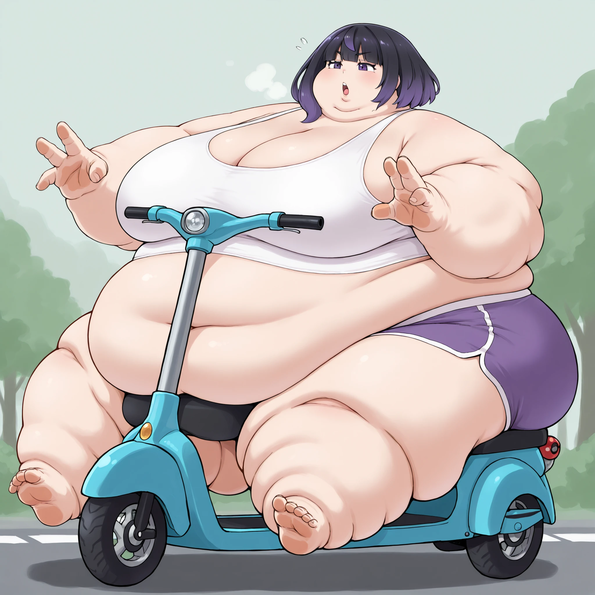 gwynn, gwynn \(pokemon\), gradient hair, black hair, purple hair, short hair, asymmetrical sidelocks, bob cut, purple eyes, aged up, tank top, midriff, dolphin shorts, sitting on mobility scooter, using mobility scooter, fat, chubby, obese, fat neck, multiple chins, big breasts open mouth, out of breath, Larger female, full body shot, only head, large head, oversized limbs, large hands, large feet, oversized feet, oversized fingers, big lips, plump lips, fat face, fupa, big fupa, fat fupa, outside 