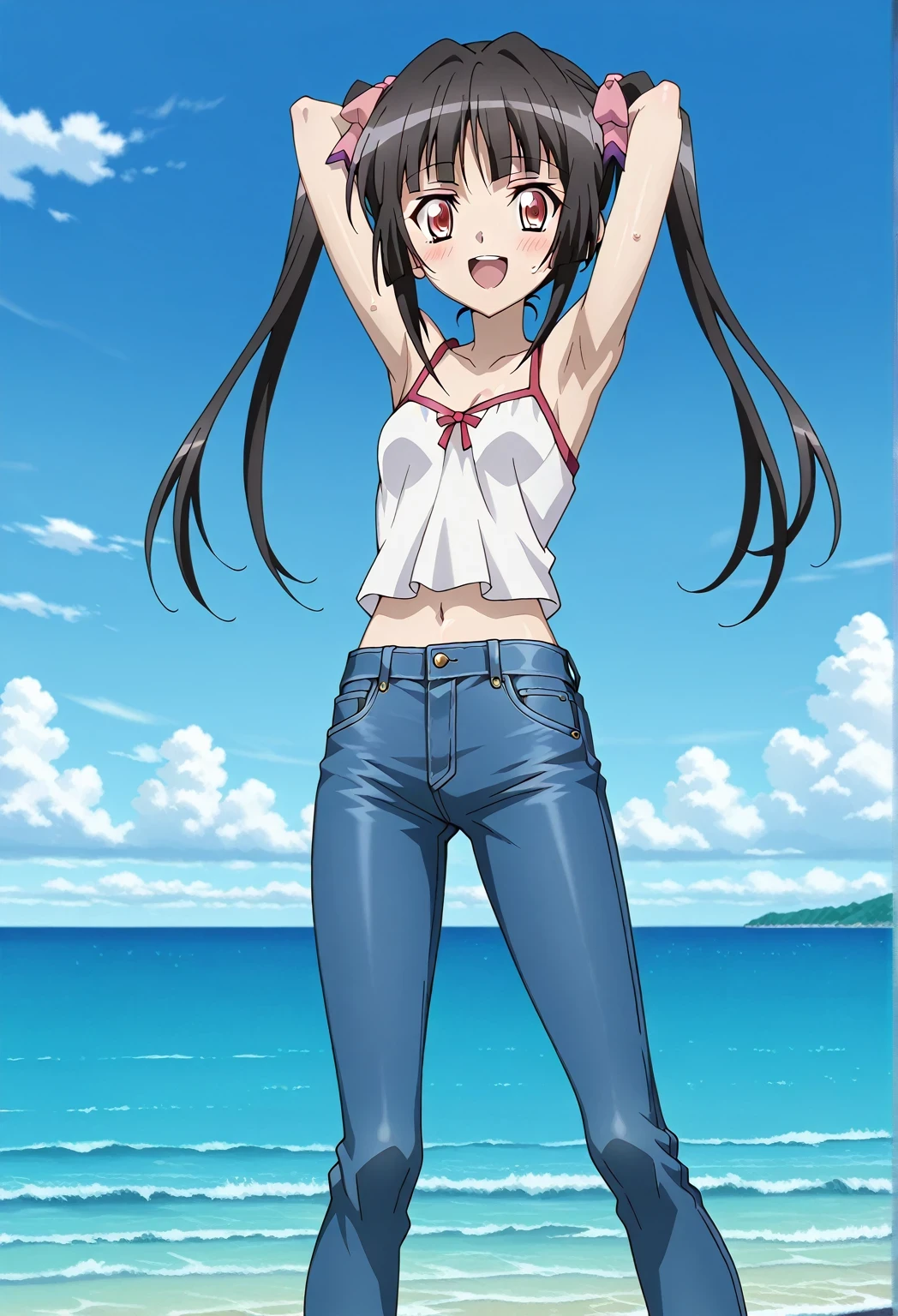 score_9, score_8_up, score_7_up, source_anime, highres, hi res, ((best quality, top quality, perfect quality, Highest Quality, amazing quality)), {{masterpiece}}, {{an extremely delicate and beautiful}}, 2d, intricate details, official style, anime, 8k, anime style, official_anime, official art, digital painting, cell shading, soft shading, high resolution, soothing tones, Subdued Color, Soft cinematic light, adobe lightroom, photolab, HDR, intricately and hyper-detailed, ((high quality animation)), 1 girl, Alone, solo, ((ocean)), tsunami, on the water, day, sunny, outdoors, sky, windy, Shirabe Tsukuyomi, Senki Zesshou Symphogear, twintails, Crimson eyes, black hair, long hair, anime screencap, small breasts, white camisole top, crop top, white crop top, best quality, hyper-detailed jeans, ((blue jeans:1.9)), (dark blue jeans:0.6), full medium body, medium shot, Open mouth, smiling, happy face, blush, sweat, standing, ((arms behind head:6.0)), ((hands behind neck:6.0)), ((arms close to the head:3.5)), focusing armpits, bowlegged, natural standing pose, action, looking at viewer, spread legs, Bend knees slightly, straight-on front view