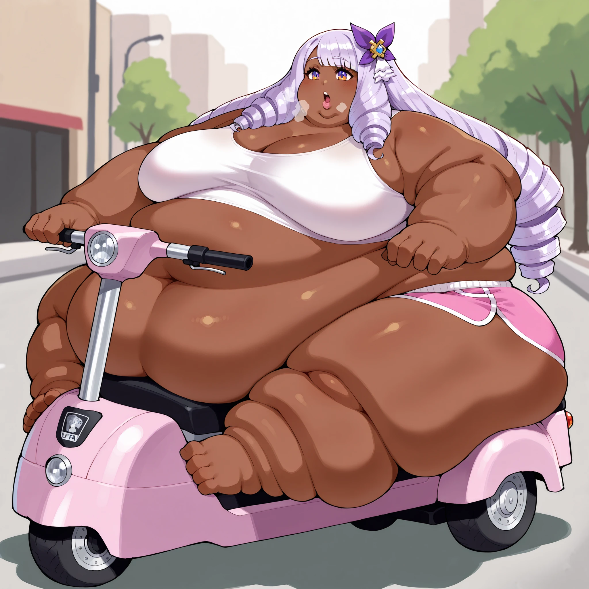 jacinthe, long hair, bangs, purple hair, dark-skinned female, drill hair,multicolored eyes, hair ornament, tank top, midriff, dolphin shorts, sitting on mobility scooter, using mobility scooter, fat, chubby, obese, fat neck, multiple chins, big breasts open mouth, out of breath, Larger female, full body shot, only head, large head, oversized limbs, large hands, large feet, oversized feet, oversized fingers, big lips, plump lips, fat face, fupa, big fupa, fat fupa, outside 