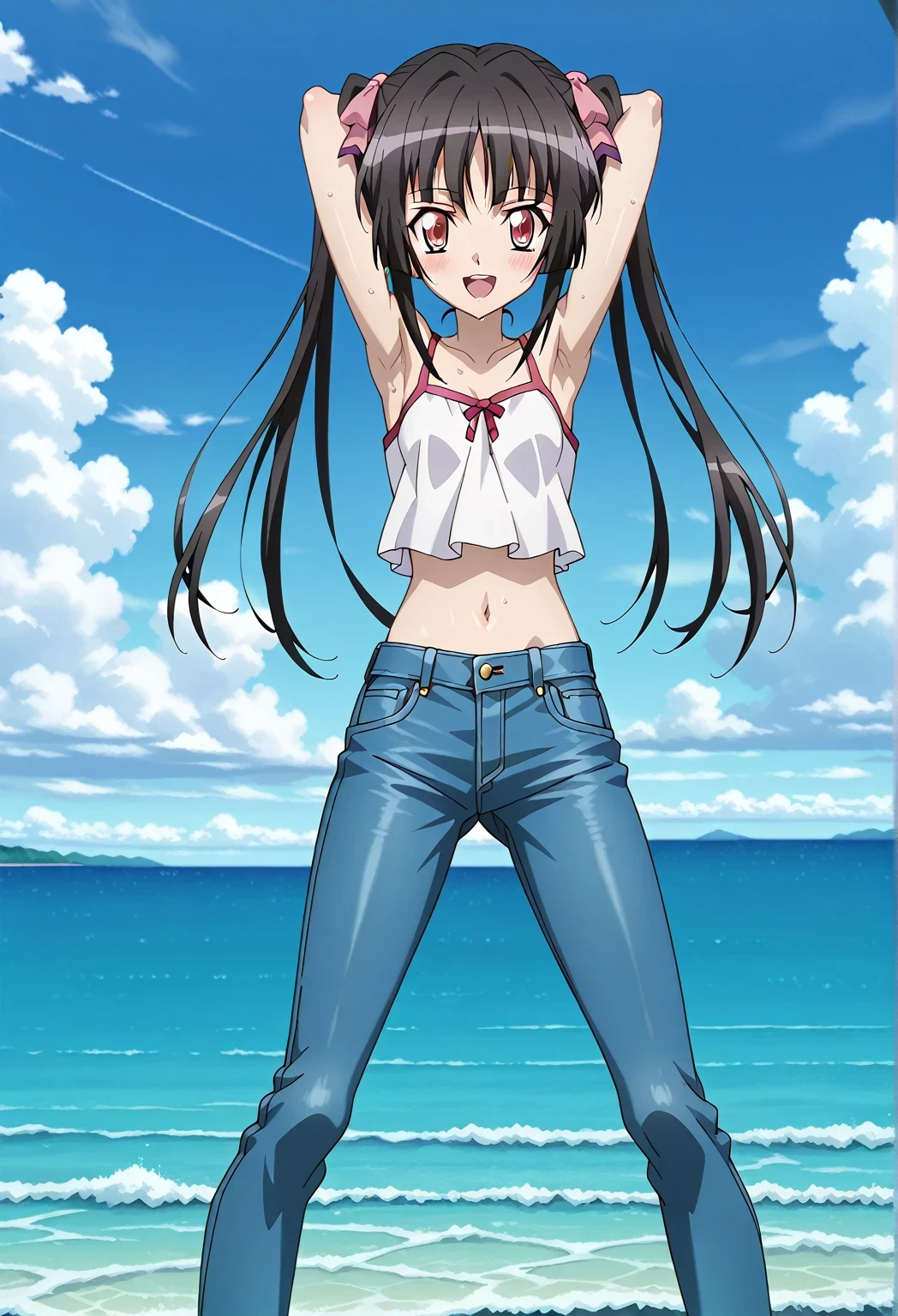 score_9, score_8_up, score_7_up, source_anime, highres, hi res, ((best quality, top quality, perfect quality, Highest Quality, amazing quality)), {{masterpiece}}, {{an extremely delicate and beautiful}}, 2d, intricate details, official style, anime, 8k, anime style, official_anime, official art, digital painting, cell shading, soft shading, high resolution, soothing tones, Subdued Color, Soft cinematic light, adobe lightroom, photolab, HDR, intricately and hyper-detailed, ((high quality animation)), 1 girl, Alone, solo, ((ocean)), tsunami, on the water, day, sunny, outdoors, sky, windy, Shirabe Tsukuyomi, Senki Zesshou Symphogear, twintails, Crimson eyes, black hair, long hair, anime screencap, small breasts, white camisole top, crop top, white crop top, best quality, hyper-detailed jeans, ((blue jeans:1.9)), (dark blue jeans:0.6), full medium body, medium shot, Open mouth, smiling, happy face, blush, sweat, standing, ((arms behind head:6.0)), ((hands behind neck:6.0)), ((arms close to the head:3.5)), focusing armpits, bowlegged, natural standing pose, action, looking at viewer, spread legs, Bend knees slightly, straight-on front view