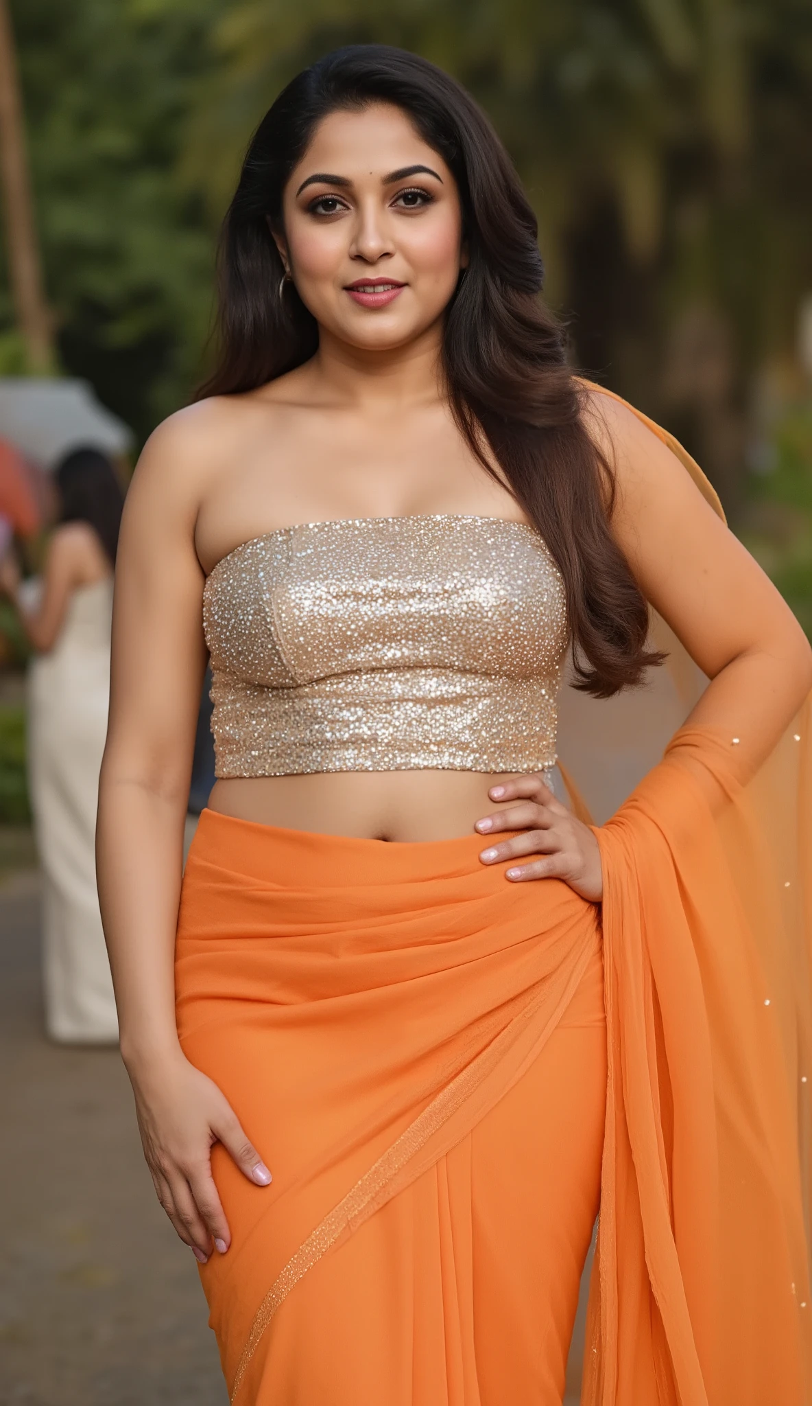 Tabu 30years old actress sexy curvy size model woman Wearing a Victray Shiny Tube Top Sparkly Crop Tops Party Strapless Bra Top Stretch Vest Club Wear Costume Outfits, traditional wear brand shoot,,she didn't like to wear blouse or bra, she is happy to wear only saree, she hates blouse or bra, detailed hairy armpits, ,looking at viewer 