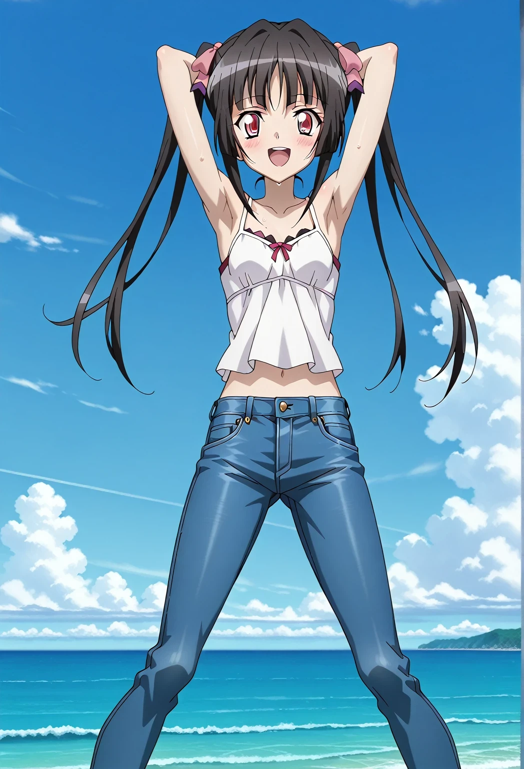 score_9, score_8_up, score_7_up, source_anime, highres, hi res, ((best quality, top quality, perfect quality, Highest Quality, amazing quality)), {{masterpiece}}, {{an extremely delicate and beautiful}}, 2d, intricate details, official style, anime, 8k, anime style, official_anime, official art, digital painting, cell shading, soft shading, high resolution, soothing tones, Subdued Color, Soft cinematic light, adobe lightroom, photolab, HDR, intricately and hyper-detailed, ((high quality animation)), 1 girl, Alone, solo, ((ocean)), tsunami, on the water, day, sunny, outdoors, sky, windy, Shirabe Tsukuyomi, Senki Zesshou Symphogear, twintails, Crimson eyes, black hair, long hair, anime screencap, small breasts, white camisole top, crop top, white crop top, best quality, hyper-detailed jeans, ((blue jeans:1.9)), (dark blue jeans:0.6), full medium body, medium shot, Open mouth, smiling, happy face, blush, sweat, standing, ((arms behind head:6.0)), ((hands behind neck:6.0)), ((arms close to the head:3.5)), focusing armpits, bowlegged, sliding pose, action, looking at viewer, spread legs, Bend knees slightly, straight-on front view