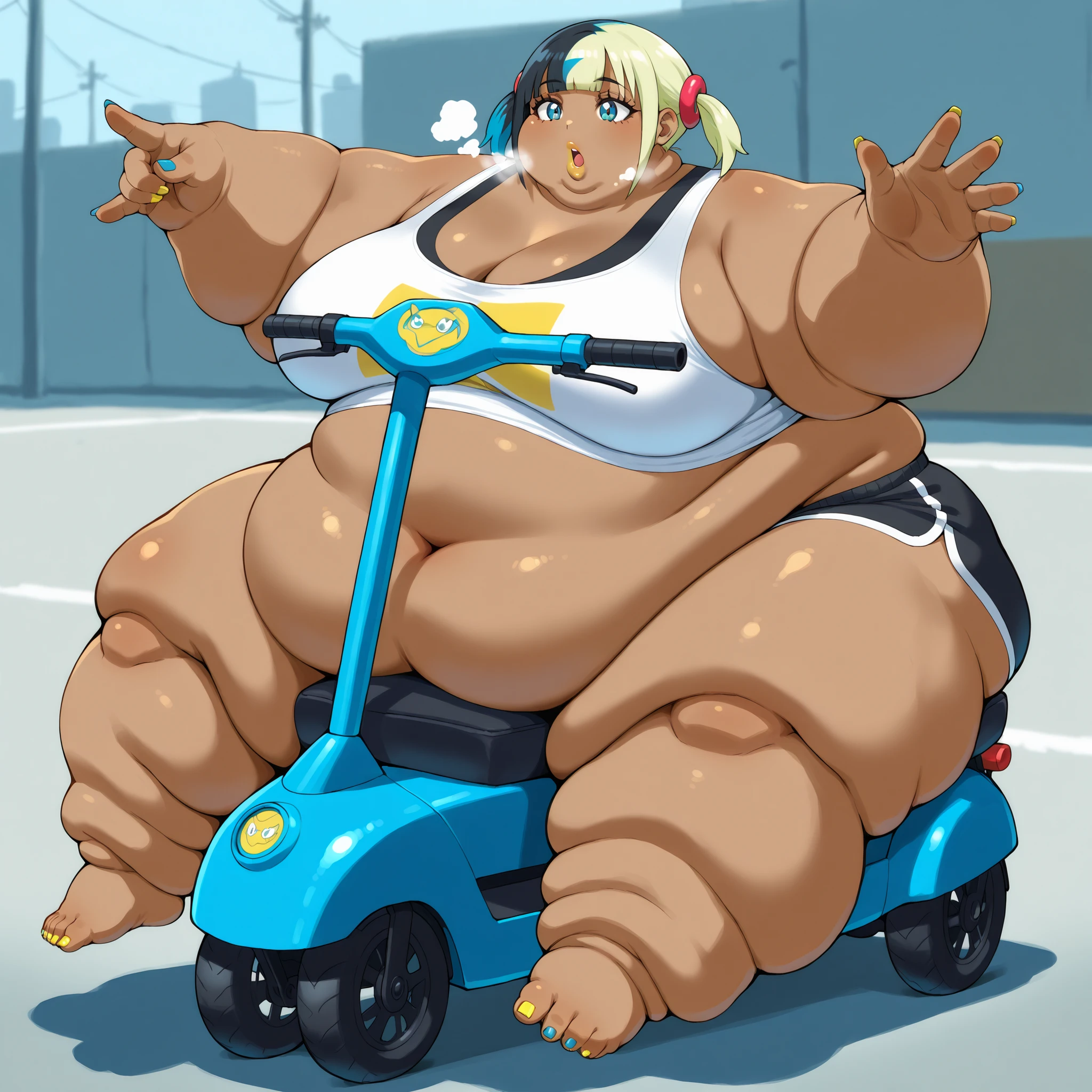 1girl, solo,  CanariZAILXLV1.0v01,
short twintails, blunt bangs, blue hair, blonde hair, multicolored hair, black hair, two-tone hair, eyelashes, blue eyes, nail polish, yellow nails, blue nails, finger nails, navel, dark skin, dark-skinned female, tank top, midriff, dolphin shorts, sitting on mobility scooter, using mobility scooter, fat, chubby, obese, fat neck, multiple chins, big breasts open mouth, out of breath, Larger female, full body shot, only head, large head, oversized limbs, large hands, large feet, oversized feet, oversized fingers, big lips, plump lips, fat face, fupa, big fupa, fat fupa, outside 
