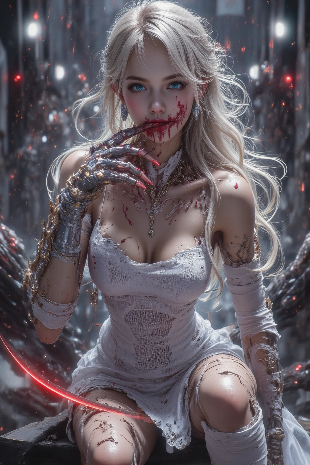 （tmasterpiece，best qualtiy），nakeness，Vampires，White hair、pointy ear，Covered in blood，battlefiled，explosions，Full body in white dress posing for photo, Vampire with blood on his lips，The halo， Wings， Fallen Angel，White scales， Flat epithelial body， White Collar Hair， Loose waves， Blue eyes，Bleeding from the corners of the eyes，cleavage, Captivating dark fantasy，Evil expressions