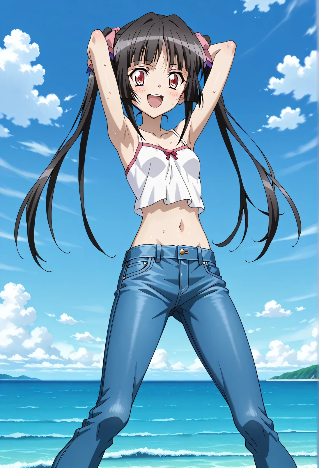 score_9, score_8_up, score_7_up, source_anime, highres, hi res, ((best quality, top quality, perfect quality, Highest Quality, amazing quality)), {{masterpiece}}, {{an extremely delicate and beautiful}}, 2d, intricate details, official style, anime, 8k, anime style, official_anime, official art, digital painting, cell shading, soft shading, high resolution, soothing tones, Subdued Color, Soft cinematic light, adobe lightroom, photolab, HDR, intricately and hyper-detailed, ((high quality animation)), 1 girl, Alone, solo, ((ocean)), tsunami, on the water, day, sunny, outdoors, sky, windy, Shirabe Tsukuyomi, Senki Zesshou Symphogear, twintails, Crimson eyes, black hair, long hair, anime screencap, small breasts, white camisole top, crop top, white crop top, best quality, hyper-detailed jeans, ((blue jeans:1.9)), (dark blue jeans:0.6), full medium body, medium shot, Open mouth, smiling, happy face, blush, sweat, standing, ((arms behind head:6.0)), ((hands behind neck:6.0)), ((arms close to the head:3.5)), focusing armpits, bowlegged, sliding pose, action, looking at viewer, spread legs, Bend knees slightly, straight-on front view