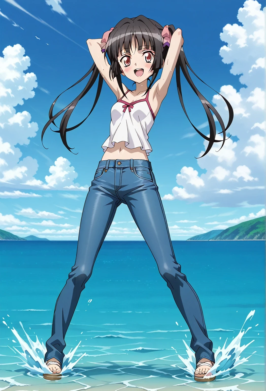 score_9, score_8_up, score_7_up, source_anime, highres, hi res, ((best quality, top quality, perfect quality, Highest Quality, amazing quality)), {{masterpiece}}, {{an extremely delicate and beautiful}}, 2d, intricate details, official style, anime, 8k, anime style, official_anime, official art, digital painting, cell shading, soft shading, high resolution, soothing tones, Subdued Color, Soft cinematic light, adobe lightroom, photolab, HDR, intricately and hyper-detailed, ((high quality animation)), 1 girl, Alone, solo, ((ocean)), tsunami, on the water, day, sunny, outdoors, sky, windy, Shirabe Tsukuyomi, Senki Zesshou Symphogear, twintails, Crimson eyes, black hair, long hair, anime screencap, small breasts, white camisole top, crop top, white crop top, best quality, hyper-detailed jeans, ((blue jeans:1.9)), (dark blue jeans:0.6), full medium body, medium shot, Open mouth, smiling, happy face, blush, sweat, standing, ((arms behind head:6.0)), ((visible arms line:6.0)), ((arms close to the head:3.5)), focusing armpits, bowlegged, sliding pose, action, looking at viewer, spread legs, Bend knees slightly, straight-on front view