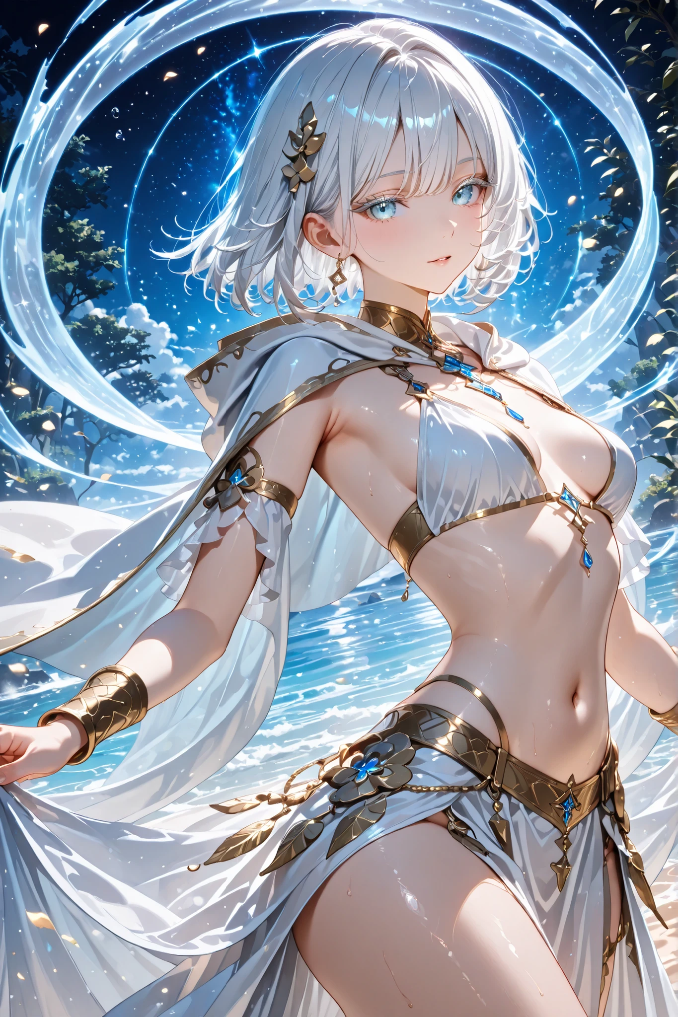 Beautiful girl with short white hair, White eyelashes, small breasts, Wildcards、dynamic pose、Exposing only lower breasts 、Drape to hide the chest、skirt、Dancer's Outfit、cloak、fantasy
