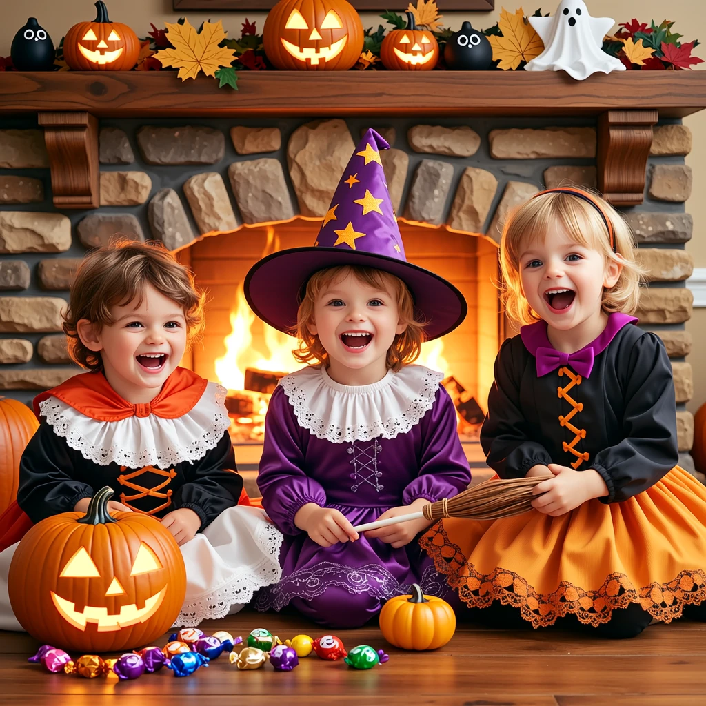 a Halloween ghost banner, hung in a cozy living room filled with laughter and joy, children dressed in cute costumes, surrounded by their family members, pumpkin decorations and spooky props adorning the space, warm and inviting lighting, a festive ambiance that brings everyone together in celebration of the holiday.