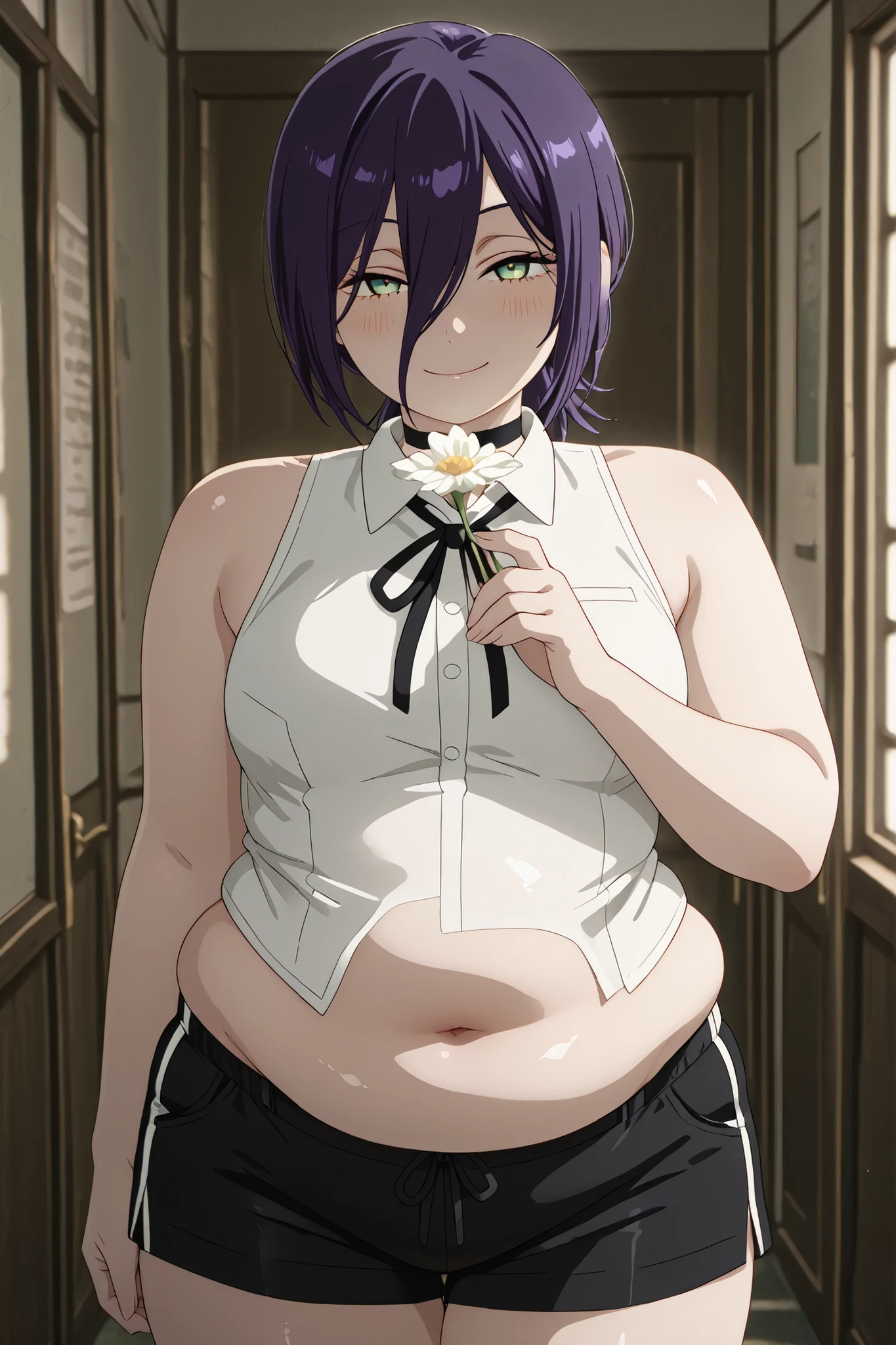 chubby,plump,WeightChubby,masterpiece, best quality, absolutely absurdres, very aaesthetic, newest, very awa, masterpiece, best quality, absolutely absurdres, very aaesthetic, newest, anime screencap, solo,reze, chainsaw man, navy hair, green eyes,black choker, purple hair, choker, eyebrows hidden by hair, green eyes, hair between eyes, long bangs, medium hair,,bare shoulders, black ribbon, black shorts, collar, collared shirt, neck ribbon, ribbon, shirt, shorts, sleeveless, sleeveless shirt, white shirt, BREAK, cowboy shot, Masterpiece,(perfect female body:1.2), small waist, (incredibly detailed:1.4), slim, beautiful fingers, beautiful skin, smile, exterior, looking at viewer, proportional body, proportional, beautiful hair, beautiful face, beautiful detailed eyes, beautiful clavicle, beautiful body, beautiful chest, beautiful thigh, beautiful legs, beautiful fingers, detailed eyelash, , upper body, blush, backlight, seductive smile, (naughty face:1), shiny eyes, face focus, closed mouth, holding flower, white Bellis perennis, flower cover mouth