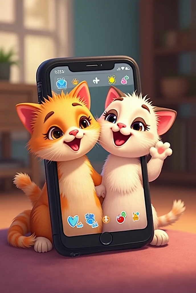 Ultra high quality cartoon scene showing Meow and Tuffy recording their first vlog together using their mini iPhone. The phone screen shows both kittens’ smiling faces with colorful filters and emojis. The same room background, same furniture, same tone of lighting are visible for consistency. Meow waves her paw while Tuffy adds a funny filter. Ultra HD cinematic lighting with vivid but soft color tones.
