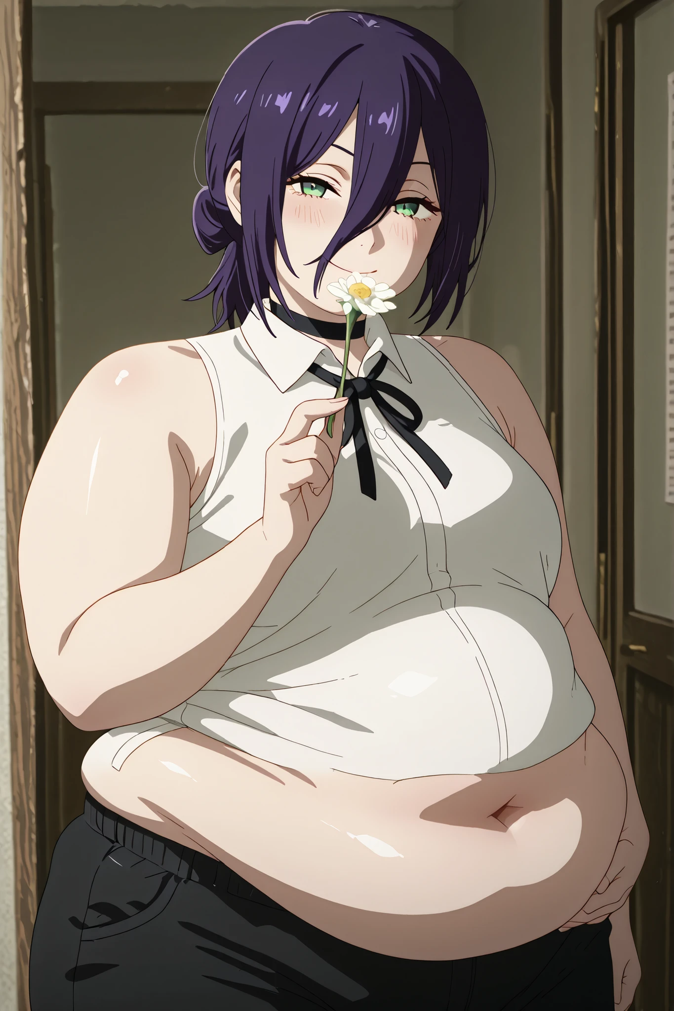 hyper fat,hyper obese,obese,fat,plump,WeightObese,masterpiece, best quality, absolutely absurdres, very aaesthetic, newest, very awa, masterpiece, best quality, absolutely absurdres, very aaesthetic, newest, anime screencap, solo,reze, chainsaw man, navy hair, green eyes,black choker, purple hair, choker, eyebrows hidden by hair, green eyes, hair between eyes, long bangs, medium hair,,bare shoulders, black ribbon, black shorts, collar, collared shirt, neck ribbon, ribbon, shirt, shorts, sleeveless, sleeveless shirt, white shirt, BREAK, cowboy shot, Masterpiece,(perfect female body:1.2), small waist, (incredibly detailed:1.4), slim, beautiful fingers, beautiful skin, smile, exterior, looking at viewer, proportional body, proportional, beautiful hair, beautiful face, beautiful detailed eyes, beautiful clavicle, beautiful body, beautiful chest, beautiful thigh, beautiful legs, beautiful fingers, detailed eyelash, , upper body, blush, backlight, seductive smile, (naughty face:1), shiny eyes, face focus, closed mouth, holding flower, white Bellis perennis, flower cover mouth