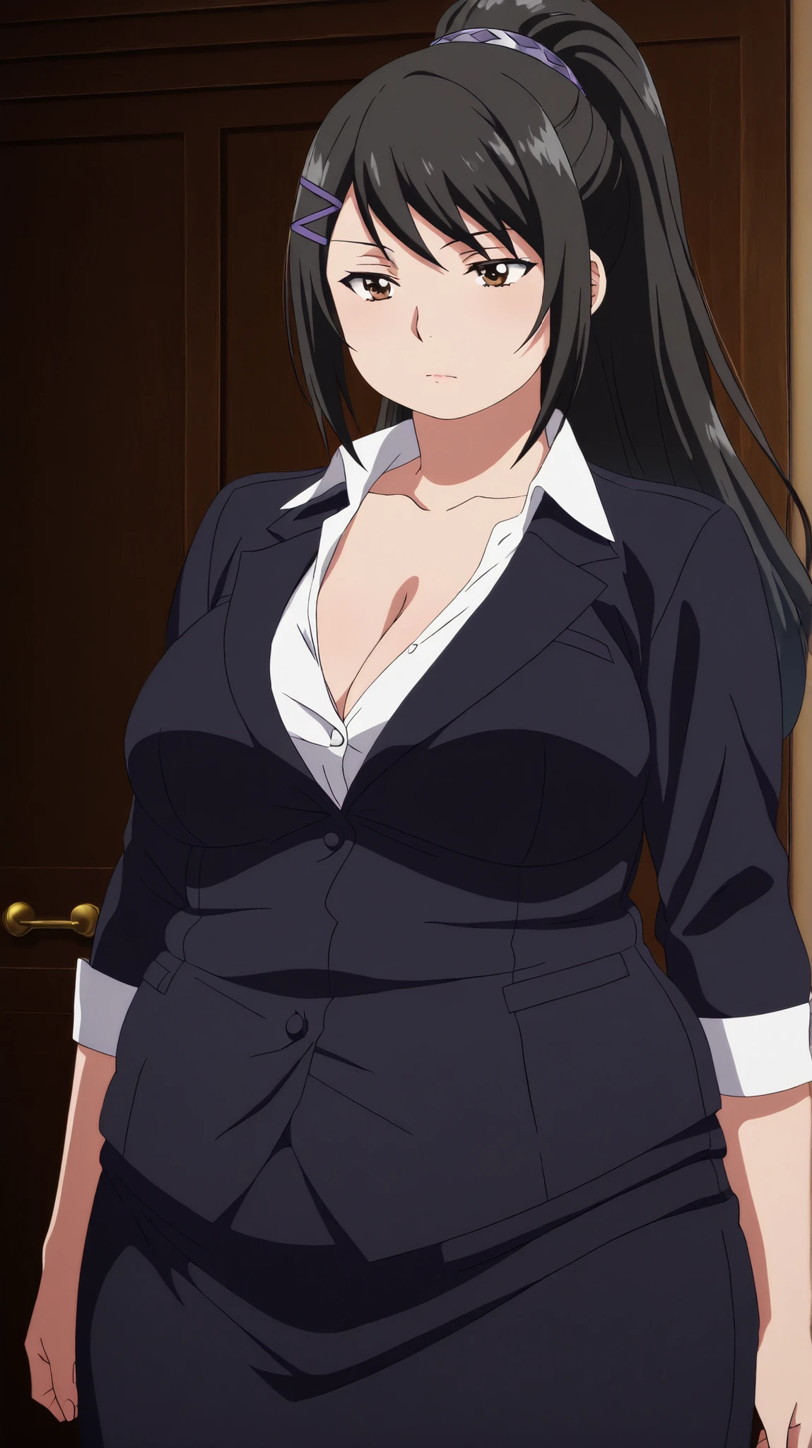 chubby,plump,WeightChubby,masterpiece, best quality, 8K, ultra-detailed, official art,
anime style, anime coloring, cel shading, hand-drawn look, digital painting, soft shading, detailed lighting, vibrant colors, flat color textures,
dutch angle, cowboy shot, cinematic composition, anime screencap, anime coloring,
1girl, solo,
sae chabashira, chabashira sae, long hair, black hair, hair ornament, brown eyes, ponytail, hairclip, mature female, breasts, anime screencap,
shirt, cleavage, collarbone, jacket, white shirt, formal, suit, skirt, pencil skirt,,