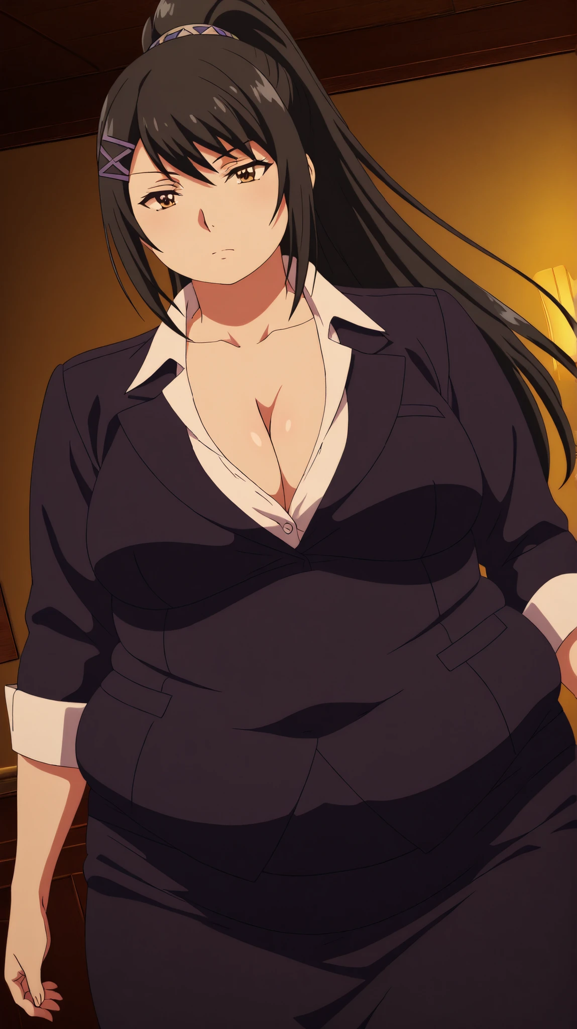bloated belly,obese,fat,chubby,plump,WeightChubby,masterpiece, best quality, 8K, ultra-detailed, official art,
anime style, anime coloring, cel shading, hand-drawn look, digital painting, soft shading, detailed lighting, vibrant colors, flat color textures,
dutch angle, cowboy shot, cinematic composition, anime screencap, anime coloring,
1girl, solo,
sae chabashira, chabashira sae, long hair, black hair, hair ornament, brown eyes, ponytail, hairclip, mature female, breasts, anime screencap,
shirt, cleavage, collarbone, jacket, white shirt, formal, suit, skirt, pencil skirt,,
