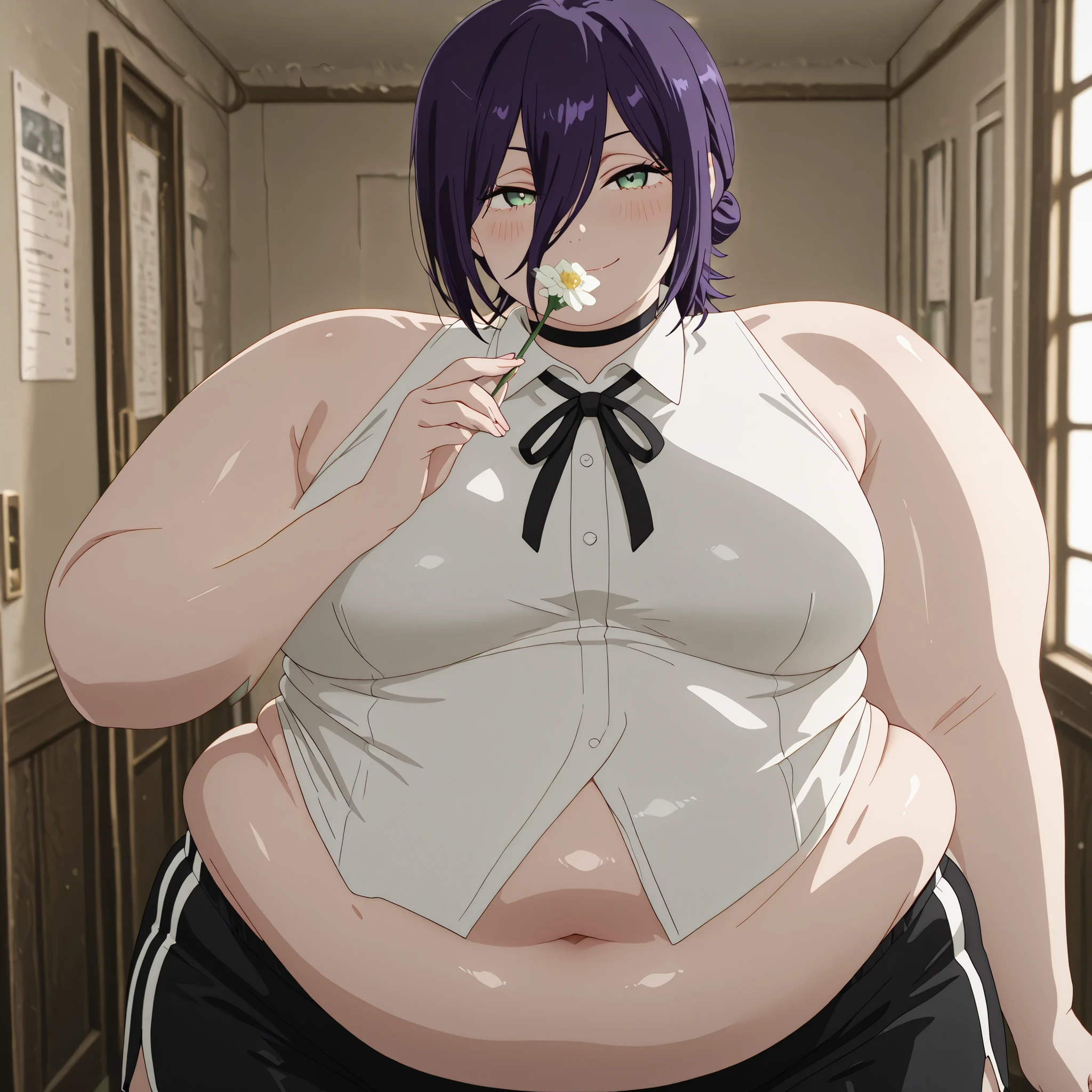 plump,hyper fat,hyper obese,WeightImmobile,masterpiece, best quality, absolutely absurdres, very aaesthetic, newest, very awa, masterpiece, best quality, absolutely absurdres, very aaesthetic, newest, anime screencap, solo,reze, chainsaw man, navy hair, green eyes,black choker, purple hair, choker, eyebrows hidden by hair, green eyes, hair between eyes, long bangs, medium hair,,bare shoulders, black ribbon, black shorts, collar, collared shirt, neck ribbon, ribbon, shirt, shorts, sleeveless, sleeveless shirt, white shirt, BREAK, cowboy shot, Masterpiece,(perfect female body:1.2), small waist, (incredibly detailed:1.4), slim, beautiful fingers, beautiful skin, smile, exterior, looking at viewer, proportional body, proportional, beautiful hair, beautiful face, beautiful detailed eyes, beautiful clavicle, beautiful body, beautiful chest, beautiful thigh, beautiful legs, beautiful fingers, detailed eyelash, , upper body, blush, backlight, seductive smile, (naughty face:1), shiny eyes, face focus, closed mouth, holding flower, white Bellis perennis, flower cover mouth