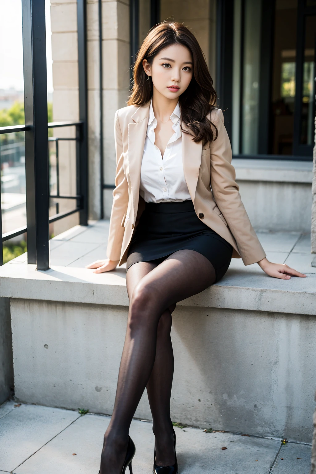 whole body, Highest quality, Realistic, Very detailed, finely, High resolution, 8k wallpaper, One beautiful woman,, Light brown messy hair, Wear a business suit, Sharp focus, Perfect dynamic composition, Beautiful and detailed, Thin Hair, Detailed Realistic skin texture, smile, Close-up portrait, Model body type,Cleavage、Long, muscular, beautiful legs、Beautiful legs、Super mini tight skirt、Spread your legs, Sit on a chair、Show your crotch、thin black pantyhose、I can see the toes of her high heels、Perfect Style、Perfect Legs、Long, muscular legs、Beautiful feet、Wearing Louboutin high heels、